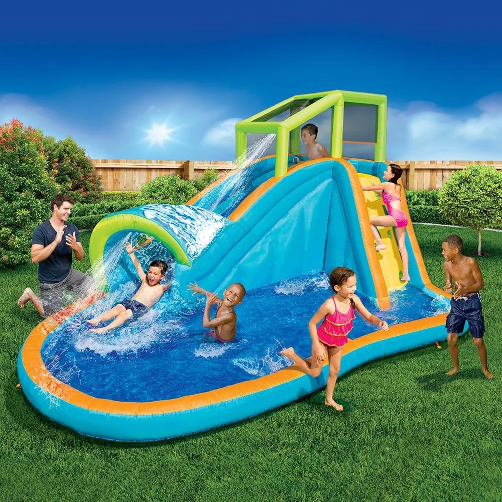 Banzai Inflatable Water Slide - Huge Kids Pool (14 Feet Long by 8 Feet High) with Built in Sprinkler Wave and Water Wall- Heavy Duty Summer Outdoor Fun