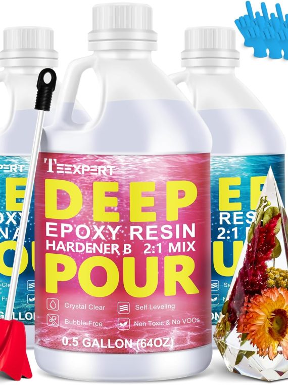 Crystal Clear Deep Pour Epoxy Resin Kit &ndash; 2 4&prime;&prime; Pour Depth, High Gloss, Bubble Free, Ideal for River Tables & Crafts, 2:1 Mix, 4.5 Gallon Total