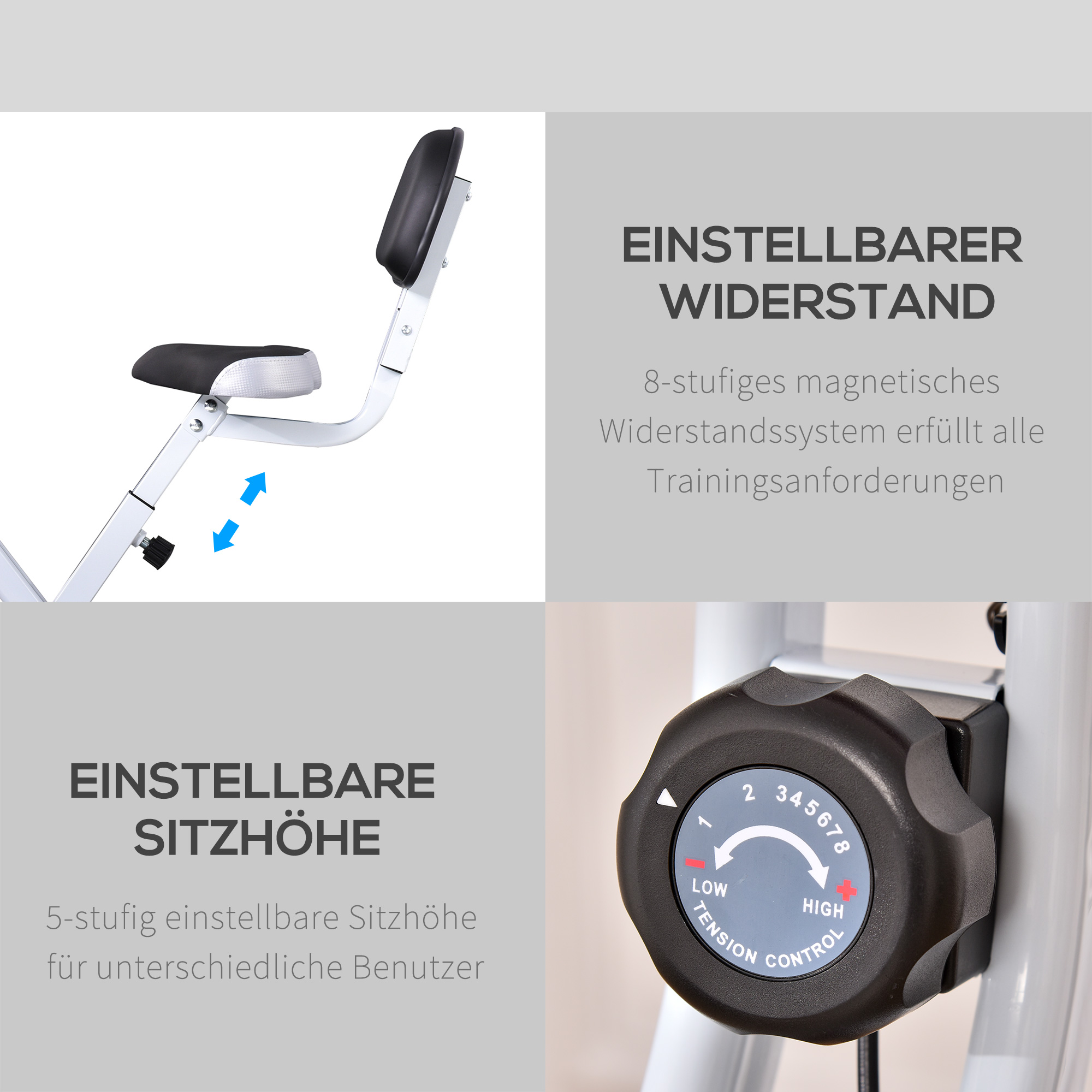 Hometrainer, fietstrainer, trainingsfiets met in 8 niveaus instelbare magnetische weerstand, staal, wit, 43 x 97 x 109 cm