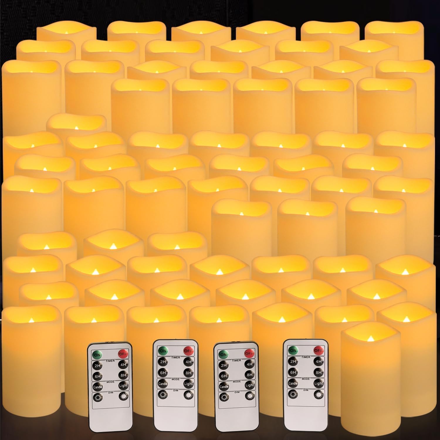 Set mit 72 wasserdichten flammenlosen Kerzen für den Außenbereich, LED-Kerzen mit 4 Fernbedienungen und Timer, (H 10,2 cm, 12,7 cm, 15,2 cm x T 5,6 cm), für Halloween, Hochzeit, Festival