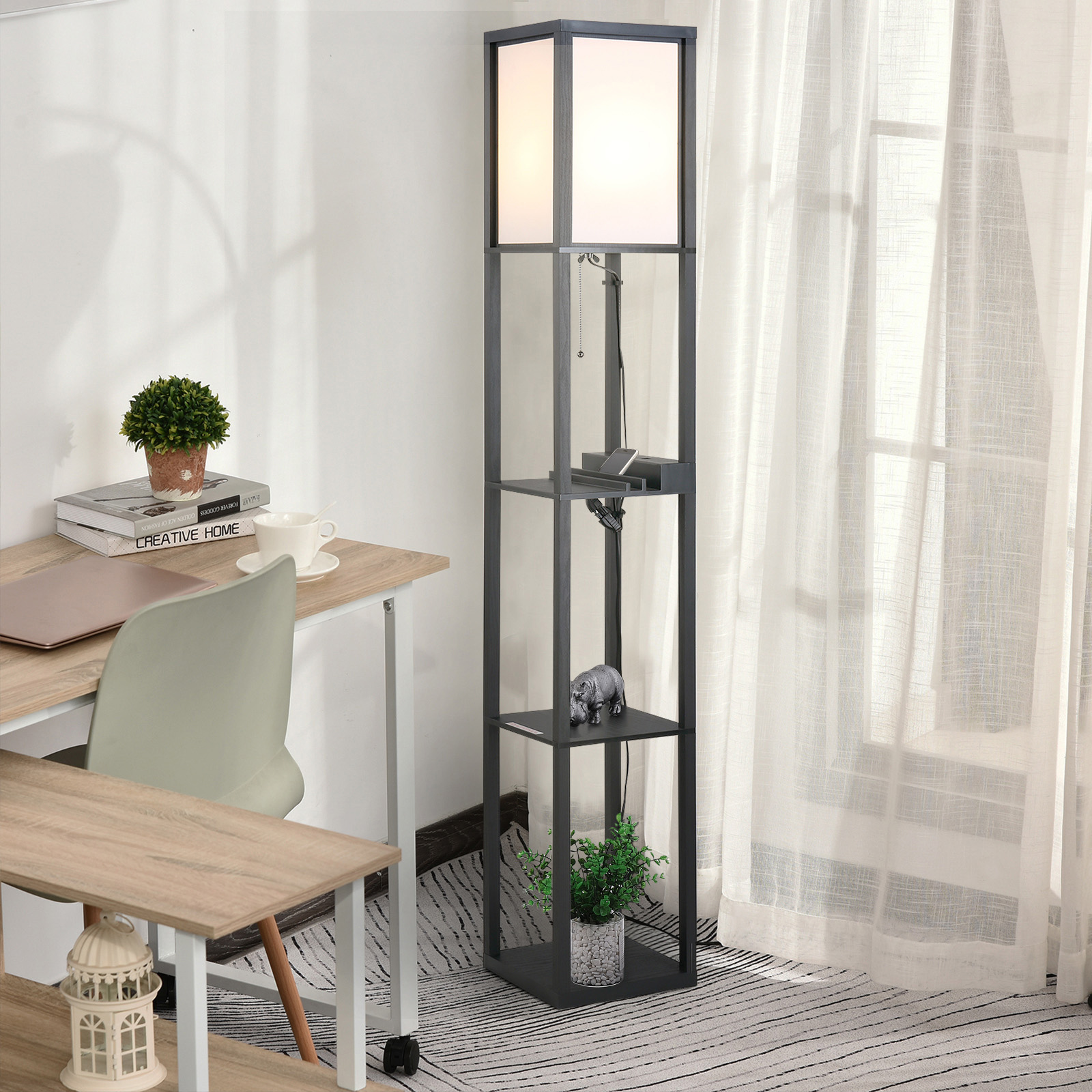 HOMCOM Moderne Stehlampe, Platzsparende Bodenlampe mit Regalen aus Baumwolle, MDF 26 x 26 x 160 cm Schwarz und Weiß
