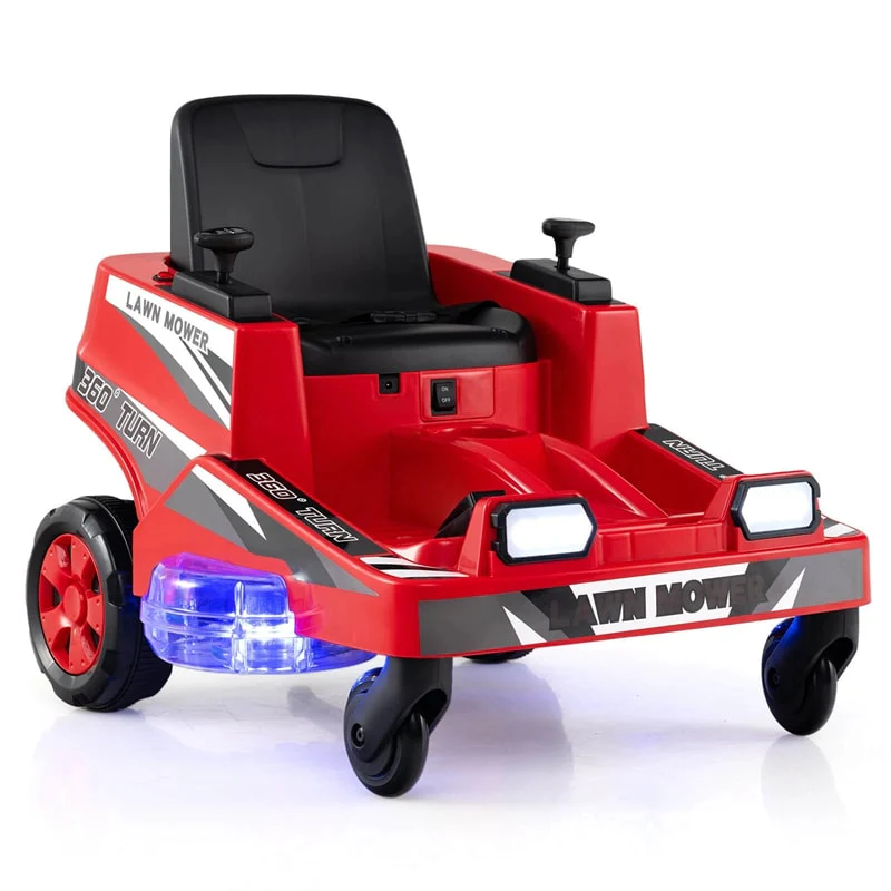 12V Kids Ride-On Lawn Mower with 360° Twist & Turn, Dual Control Sticks, LED Lights, Toddler Electric Car Toy for Boys & Girls Aged 3-8