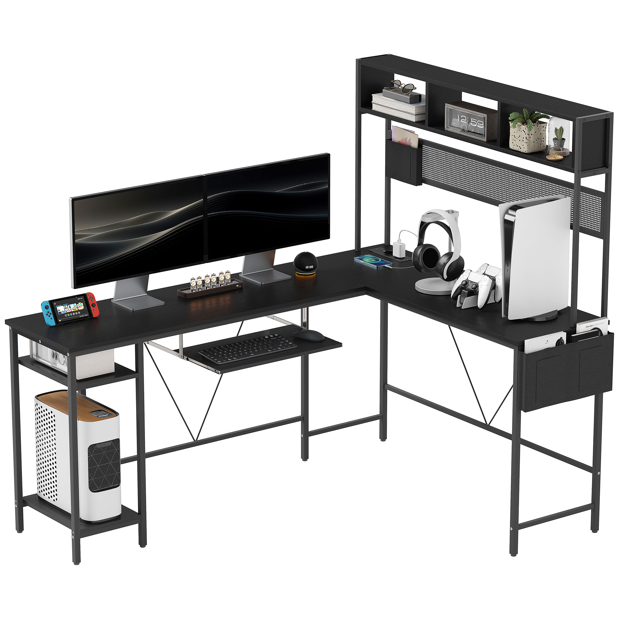 HOMCOM Modularer Schreibtisch, Eckschreibtisch mit Steckdose und USB-Anschluss, Industriestil Aufbewahrungsregale und Tastaturablage, Schwarz