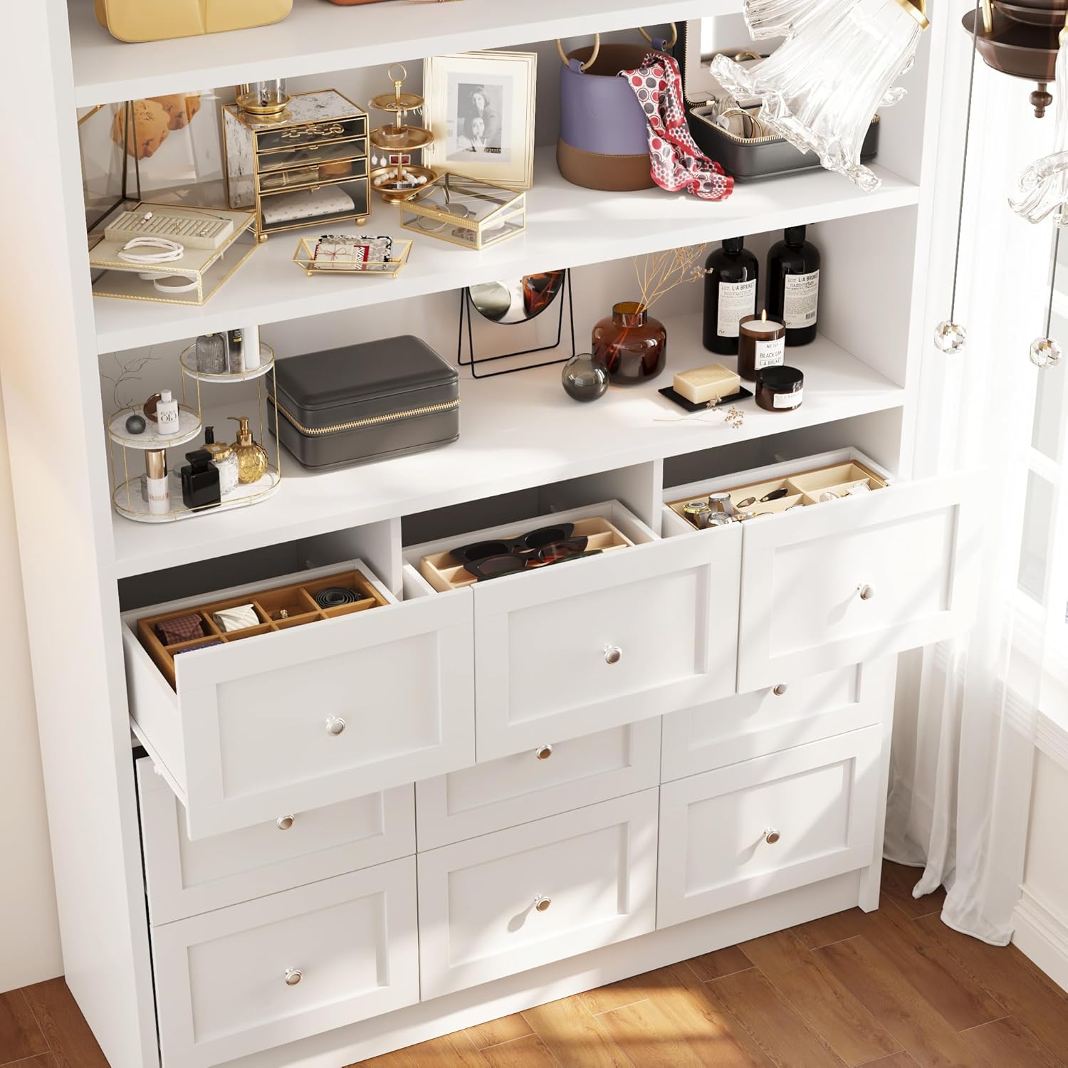 Libreria Armadietto a 9 cassetti, 3 scomparti aperti, maniglie in metallo, multifunzione, 180 x 120 x 39 cm, bianco, MDF