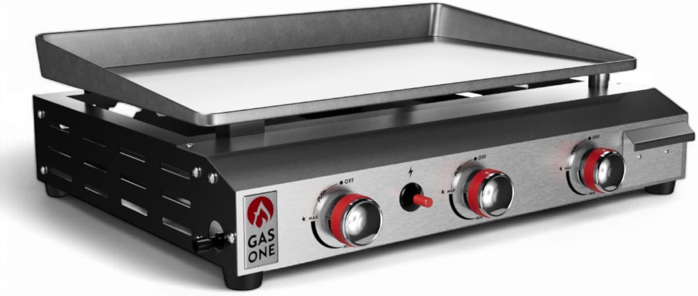 Gas One - Griglia piatta con 3 bruciatori ad accensione automatica, propano, portatile, in acciaio inox, con piastra pre-stagione, comodo vassoio antigoccia ideale per camper, campeggio