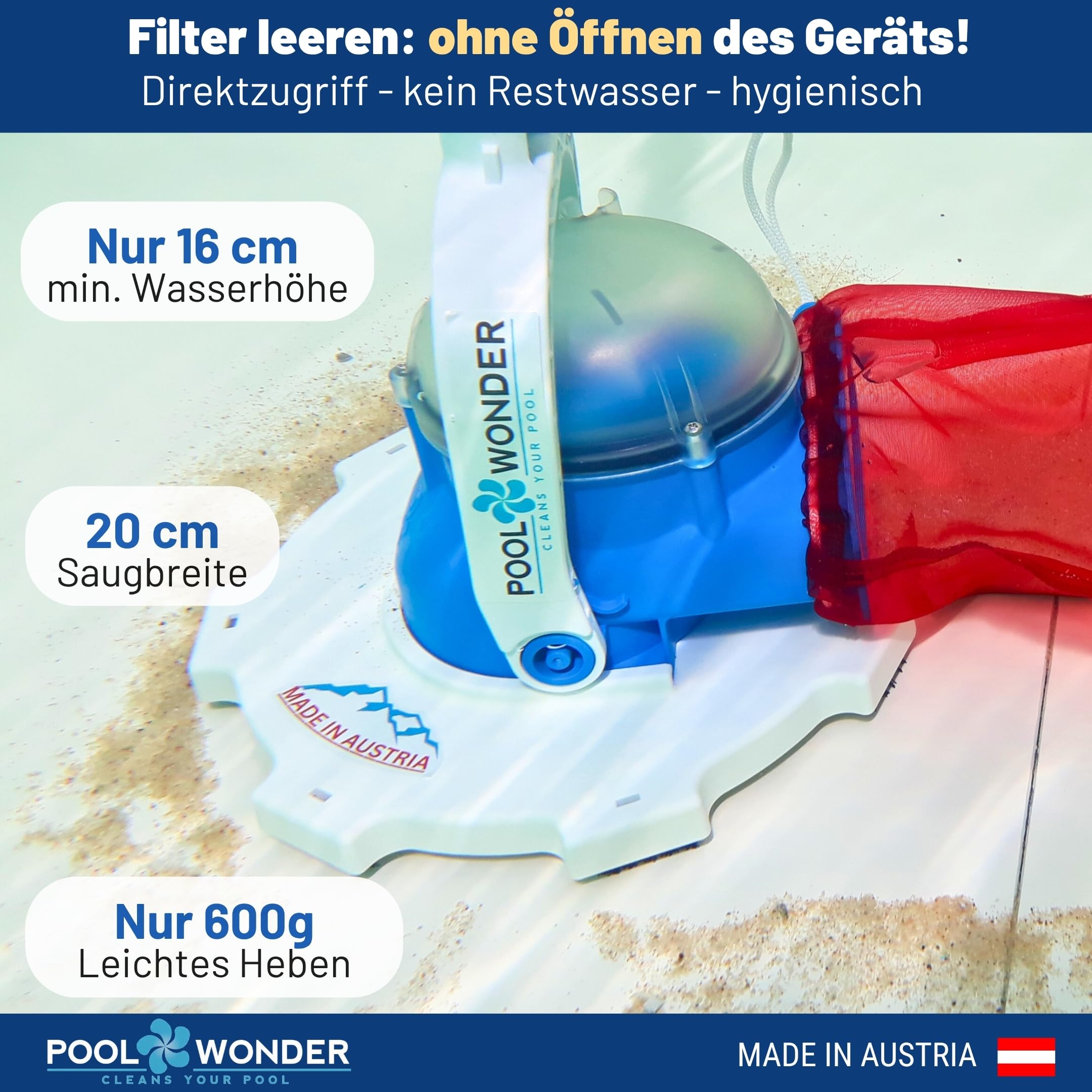 Poolwonder Marvelix Akku Poolsauger Poolreiniger kabellos für effektive Poolreinigung Made in Austria