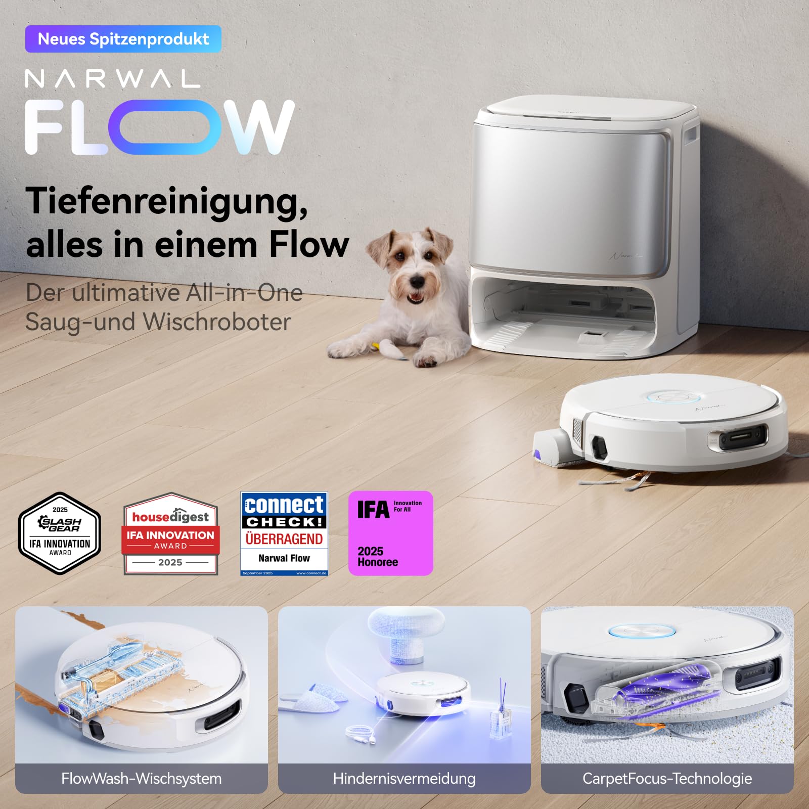 Saugroboter mit selbstreinigendem Wischmopp 22000 Pa Saugkraft FlowWash-Reinigungssystem