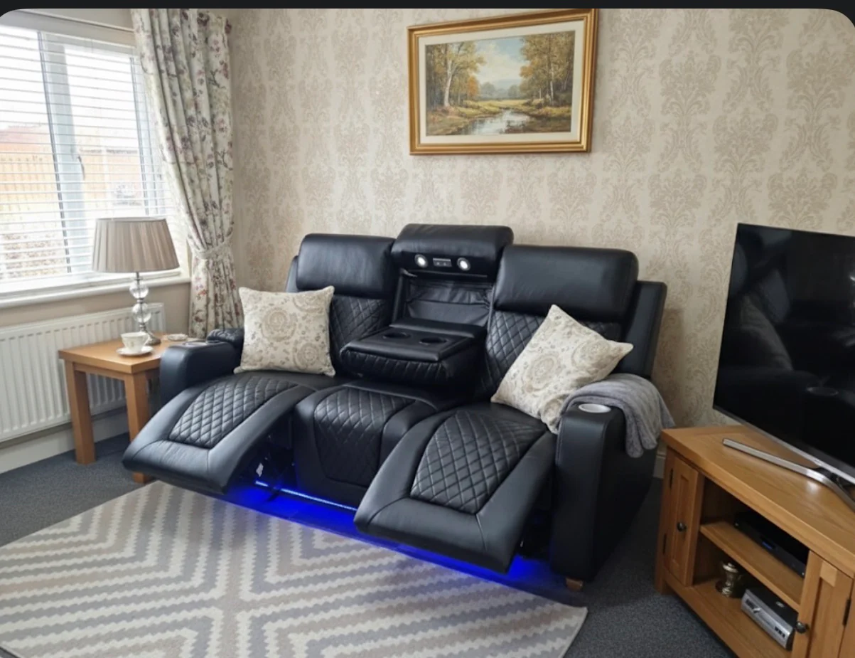 Florence 3 Seater Black Leather Electric Recliner Sofa with Cup Holders, LED Lights & Wireless Charger, USB Port