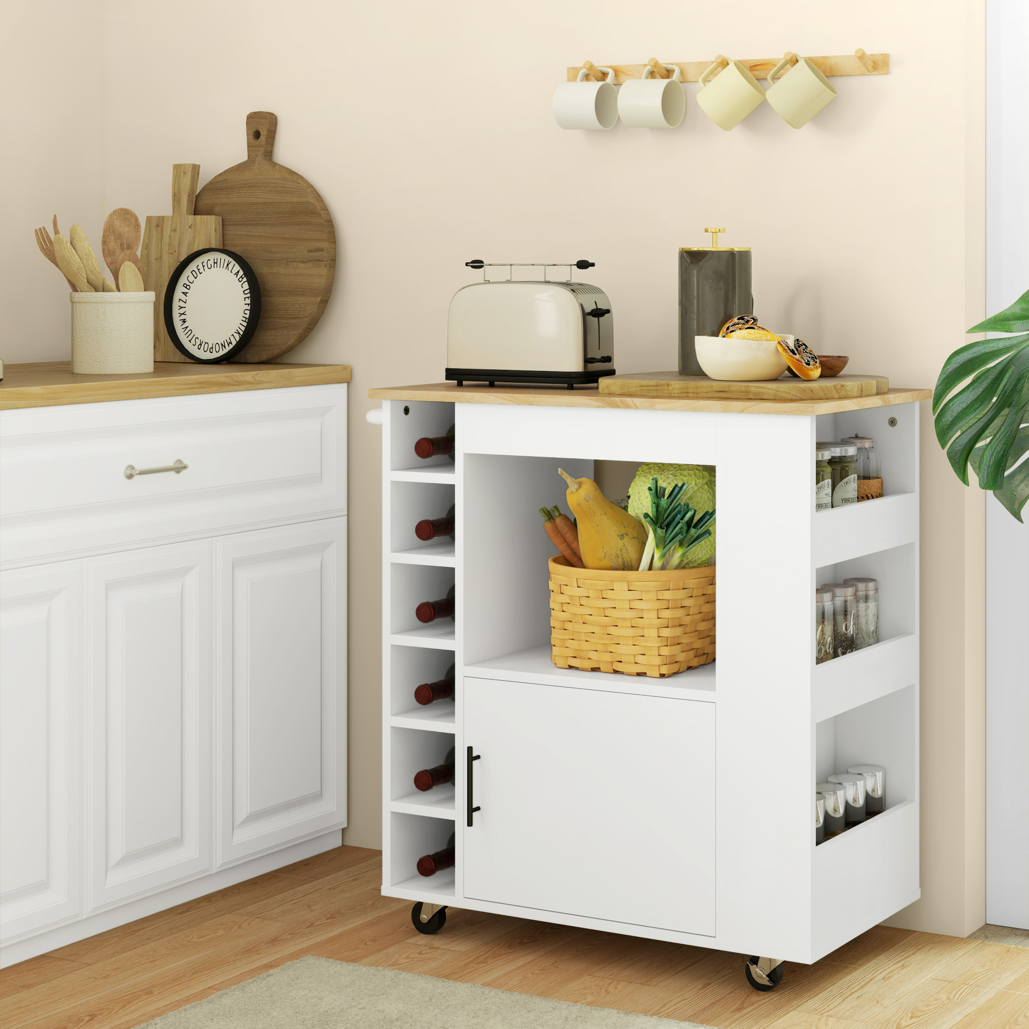 HOMCOM Küchenwagen mit Rädern, Regalen, Schrank und Flaschenhaltern, 83x40x83 cm, Eiche