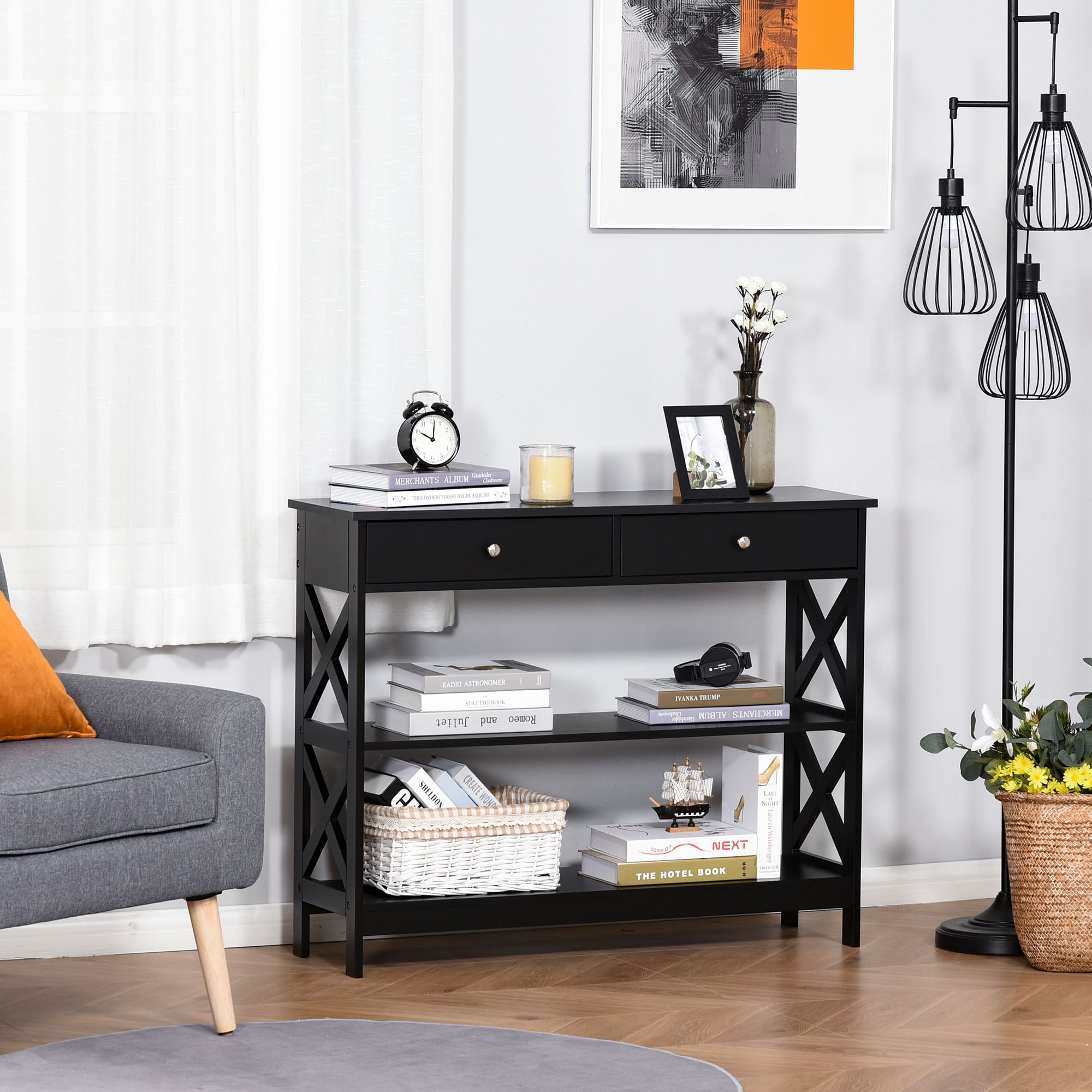 HOMCOM Konsolentisch Eingangstisch Drapierkonsole neo-retro 2 Schubladen 2 Regale Maße 100L x 30,5B x 80H cm MDF Schwarz