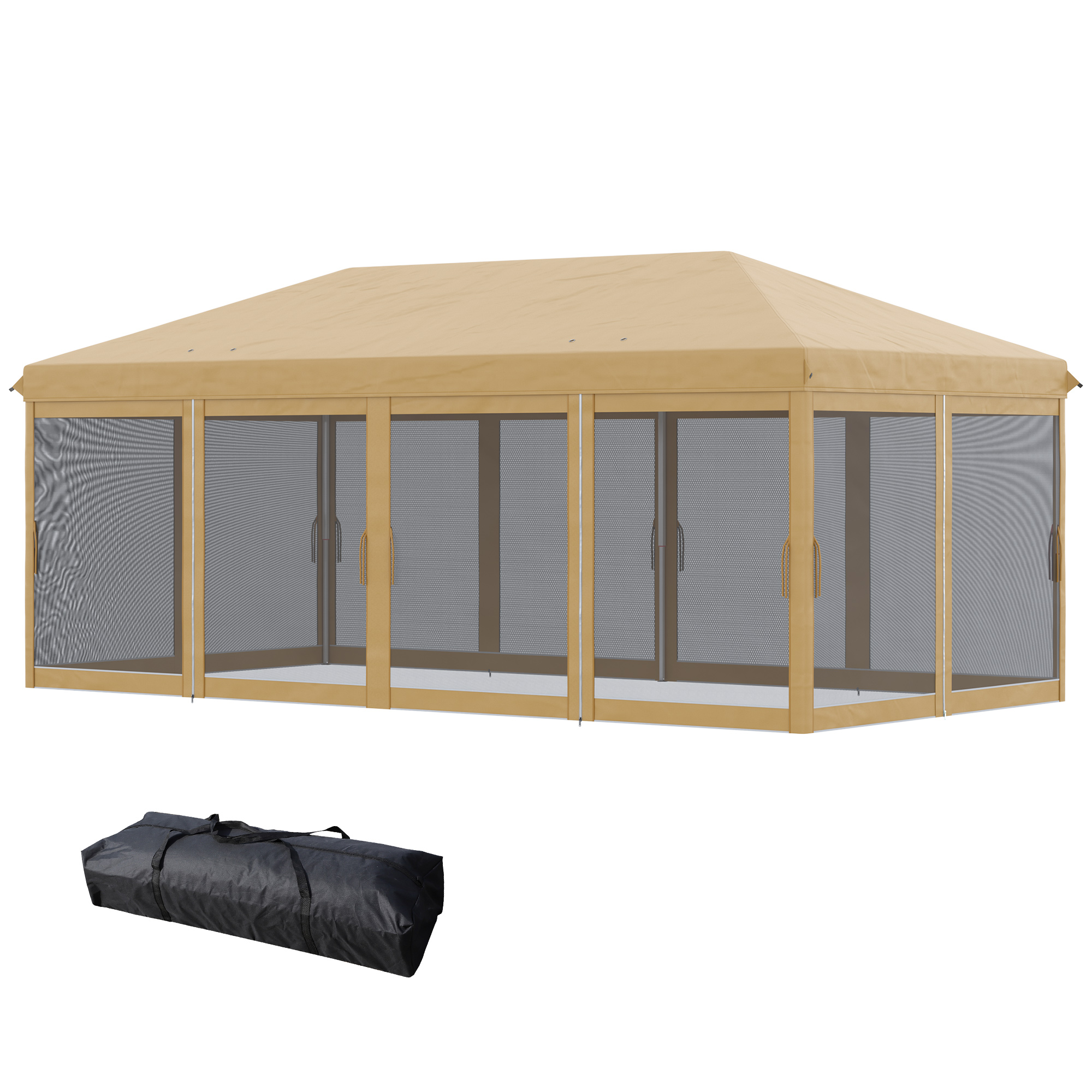 Outsunny Pavillon Faltpavillon 6 x 3 m Pop-up Abnehmbare Moskitonetze + Transporttasche Beige Schwarz