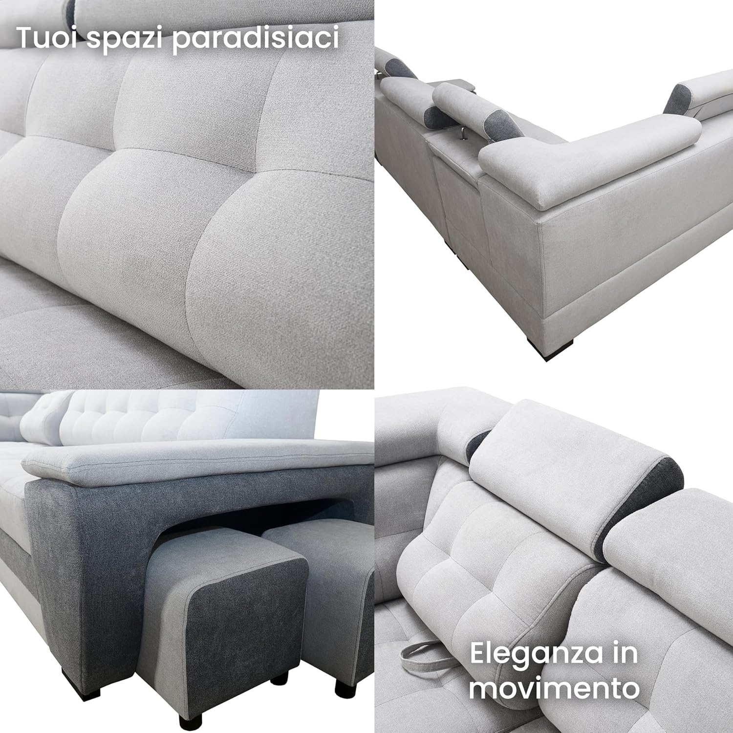 Robin Inspire Grand Divano angolare con funzione di letto cassetto per la biancheria due pouf poggiatesta regolabile angolo a destra grigio scuro 277 x 180 x 100