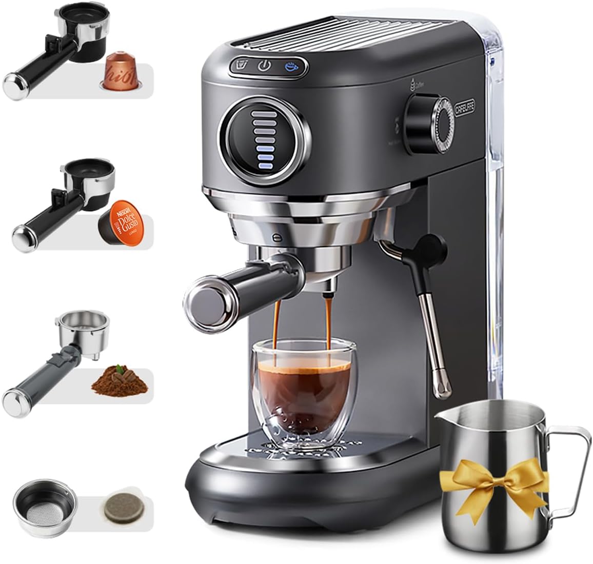 CAFELFFE MK-601F Macchina per caffè espresso 4 in 1 con vapore e brocca, infuso caldo/freddo, macchina da caffè 19 bar compatibile con cialde Nes Original/DG/ESE/caffè macinato per casa/ufficio