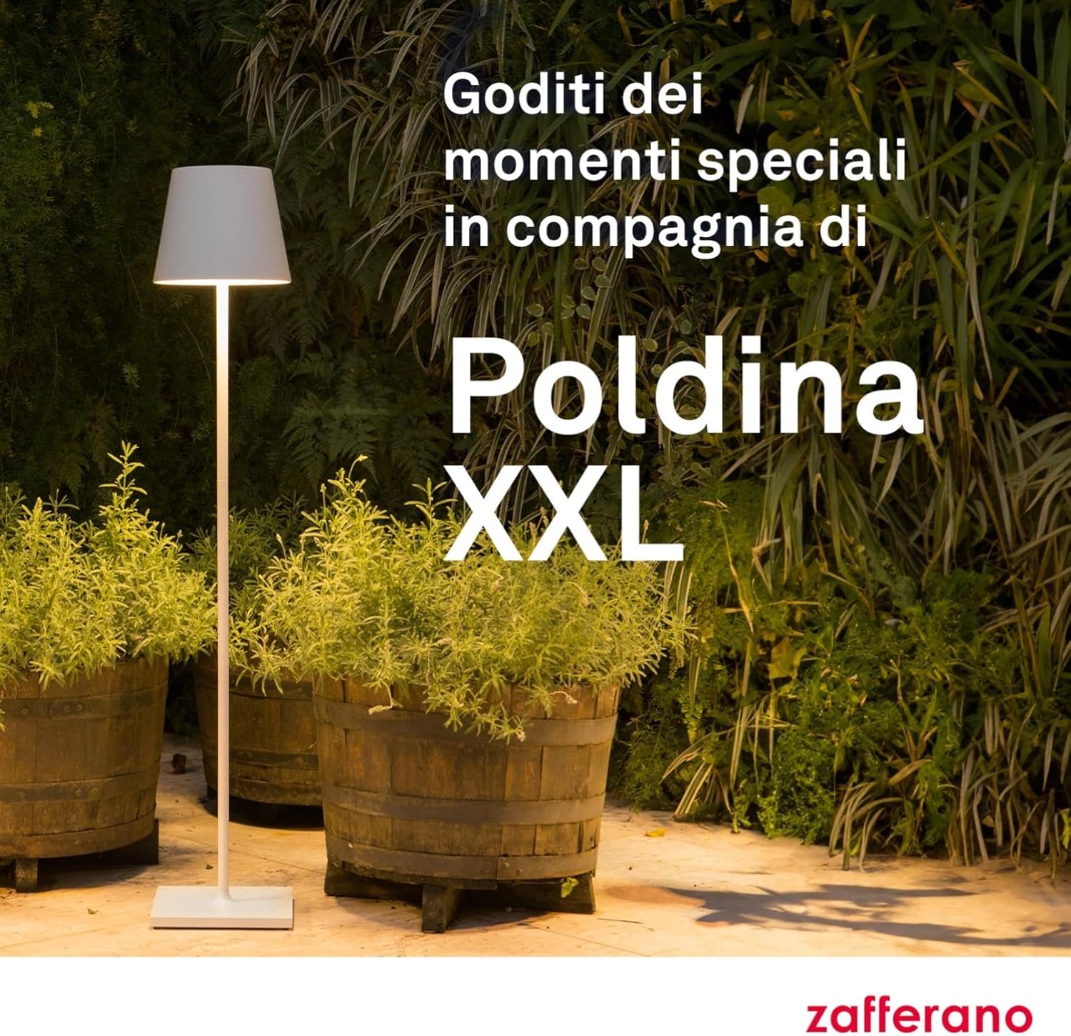 Zafferano, Poldina XXL, Rechargeable and Wireless Floor Lamp with Touch Control, Suitable for Living Room and Outdoor, Dimmer, 2700-3000 K, Adjustable Height 69-150 cm, White