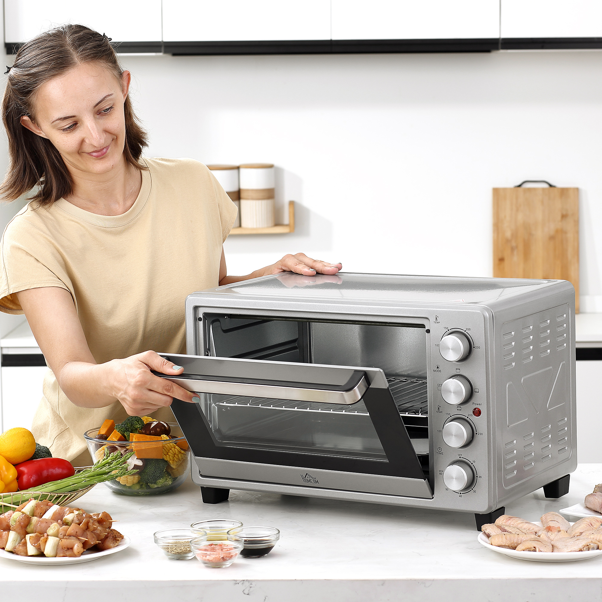 HOMCOM Mini Backofen 32L 100 °C-230 °C 1600 W Mini Ofen mit Backblech Krümelblech Grillrost und 3 Kochmodi Pizzaofen mit Timer Backblech-Griff Edelstahl Silber