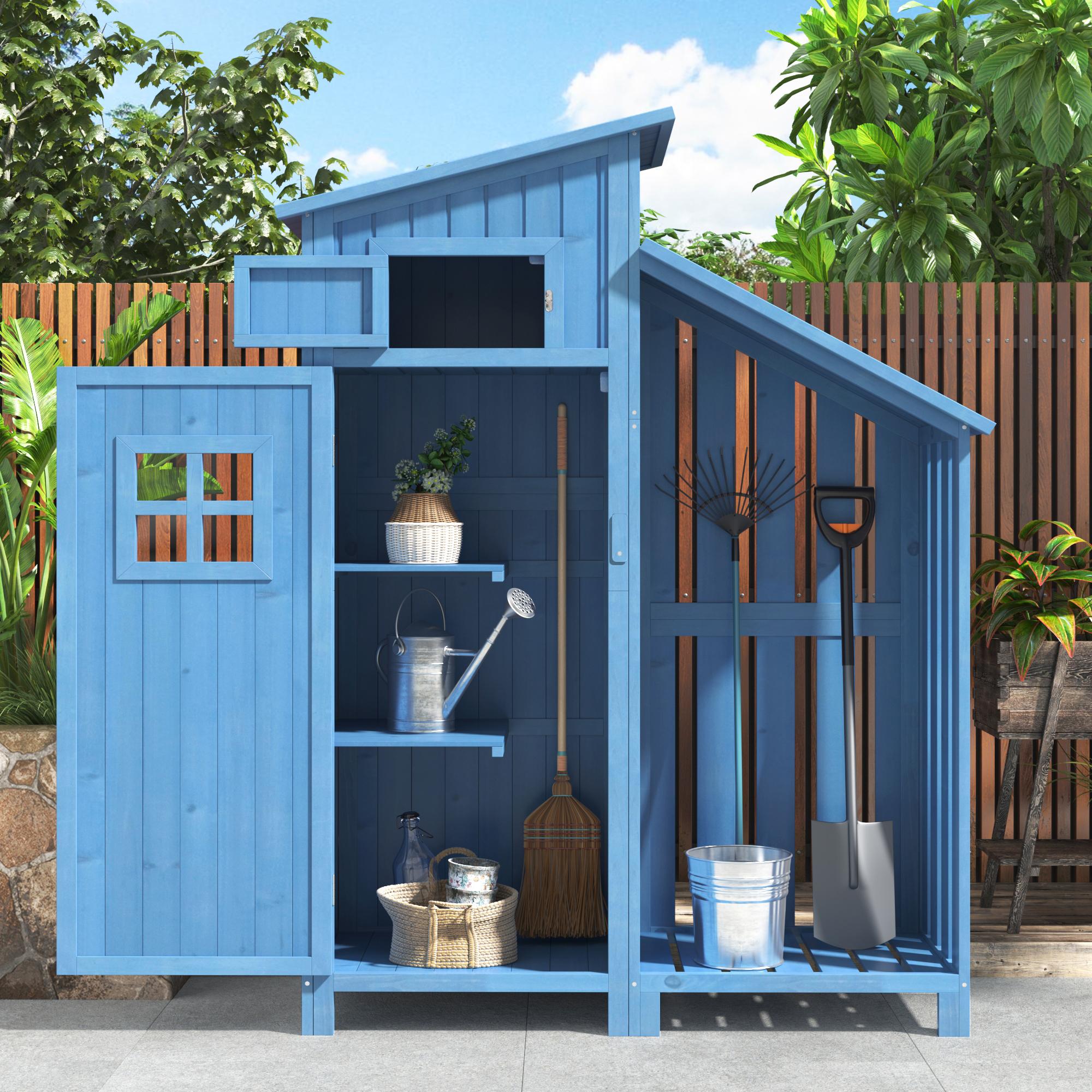 Gartenschrank 118x54x173 cm Holz mit 2 Regalen und großem Stauraum für Garten Geräte, Blau