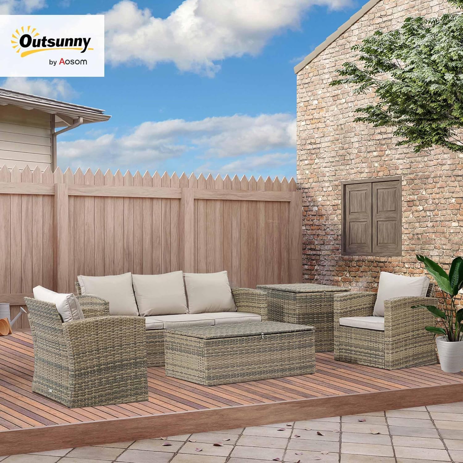 Outsunny Set Mobili da Giardino 6 Pezzi in Rattan, Salotto da Giardino con 2 Tavolini Contenitore, Divani e 2 Poltrone Imbottiti per 7 Persone, Beige
