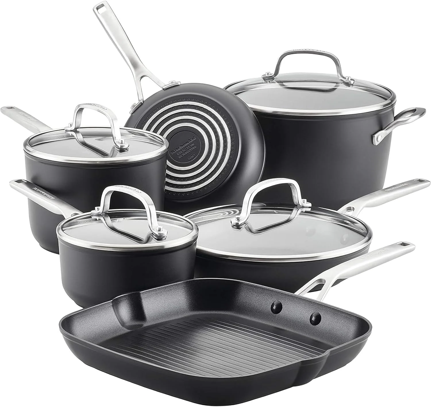 KitchenAid 80129 Harteloxierte Induktion Antihaft-Kochgeschirr-Set, Töpfe und Pfannen, Aluminium, Mattes Schwarz, 10-teilig