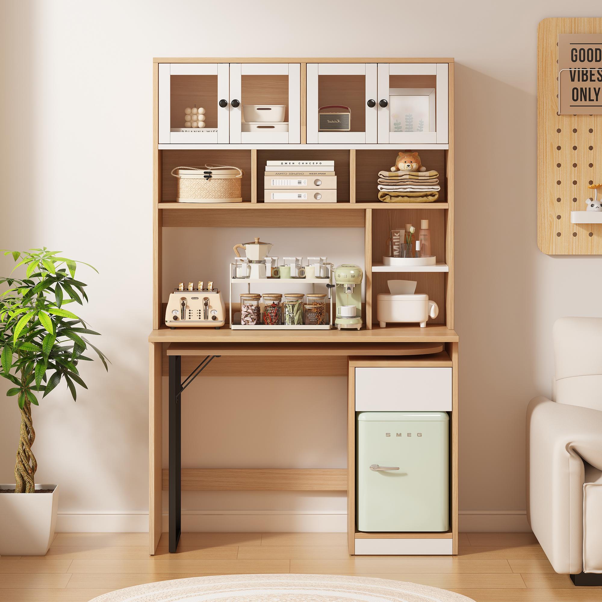 Computertisch 110x55 cm mit Hochschrank, Kompakter Schreibtisch mit Stauraum, drehbar, Naturfarbe+Weiß