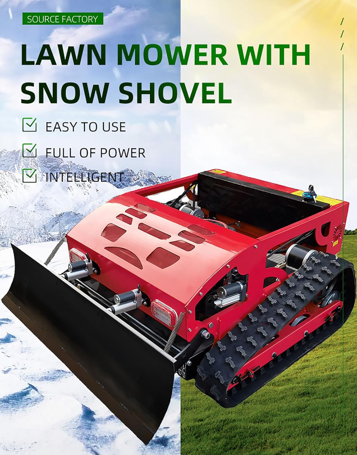 Tosaerba cingolato con telecomando da 550 mm, pala da neve, inclinazione controllata a 45°, motore a gas elettrico 7,5 CV, piattaforma ibrida a ricarica automatica