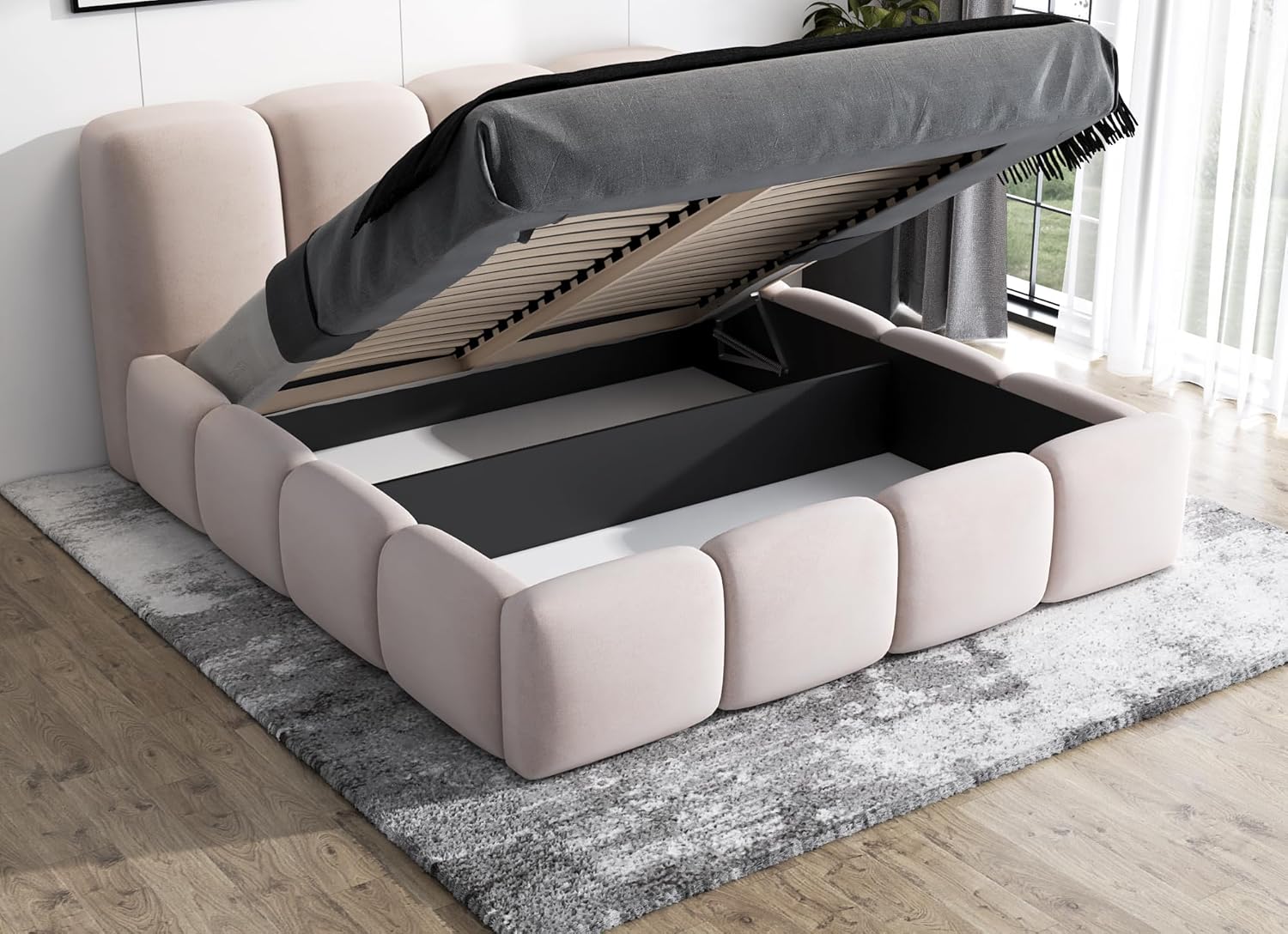 A&J MöbelLand Polsterbett 140x200 mit Bettkasten und Lattenrost – DONA, Bett mit Matratze und Stauraum in Dunkelgrau