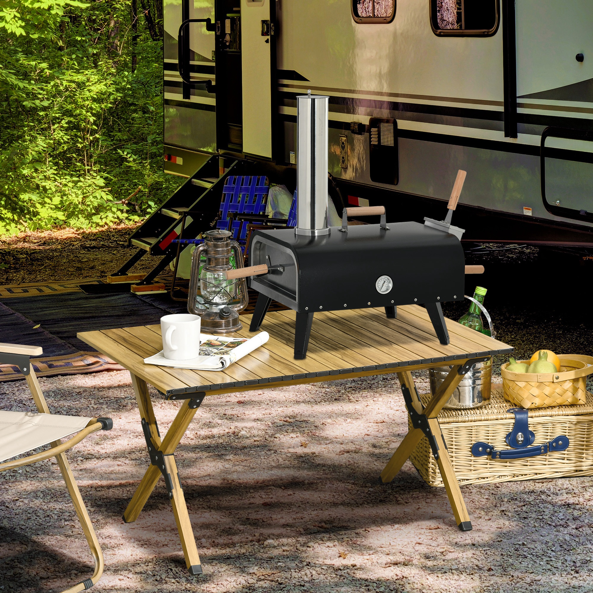 Outsunny Pizzaofen Pizza Holzbackofen, 1 Pizzaschieber, 1 Pizzastein, 81 x 40 x 72 cm, Schwarz + Natur