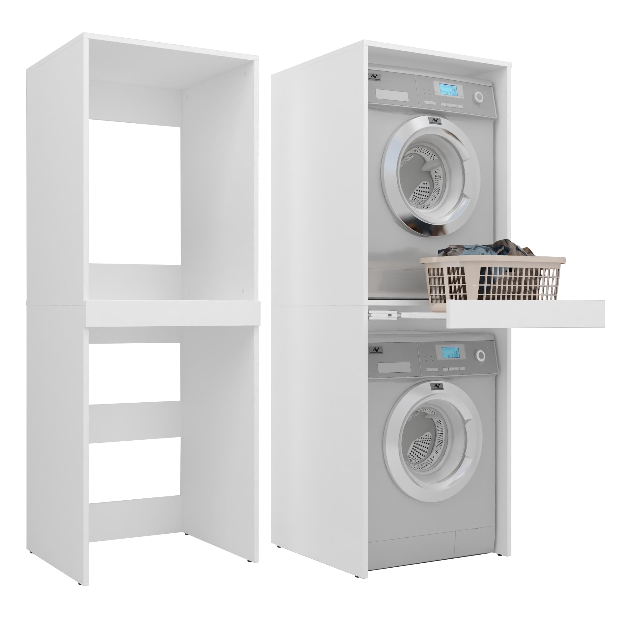 Waschmaschinenschrank für Waschmaschine und Trockner, 183,7x65x66 cm, mit ausziehbarem Regalboden und verstellbaren Standfüßen, Weiß