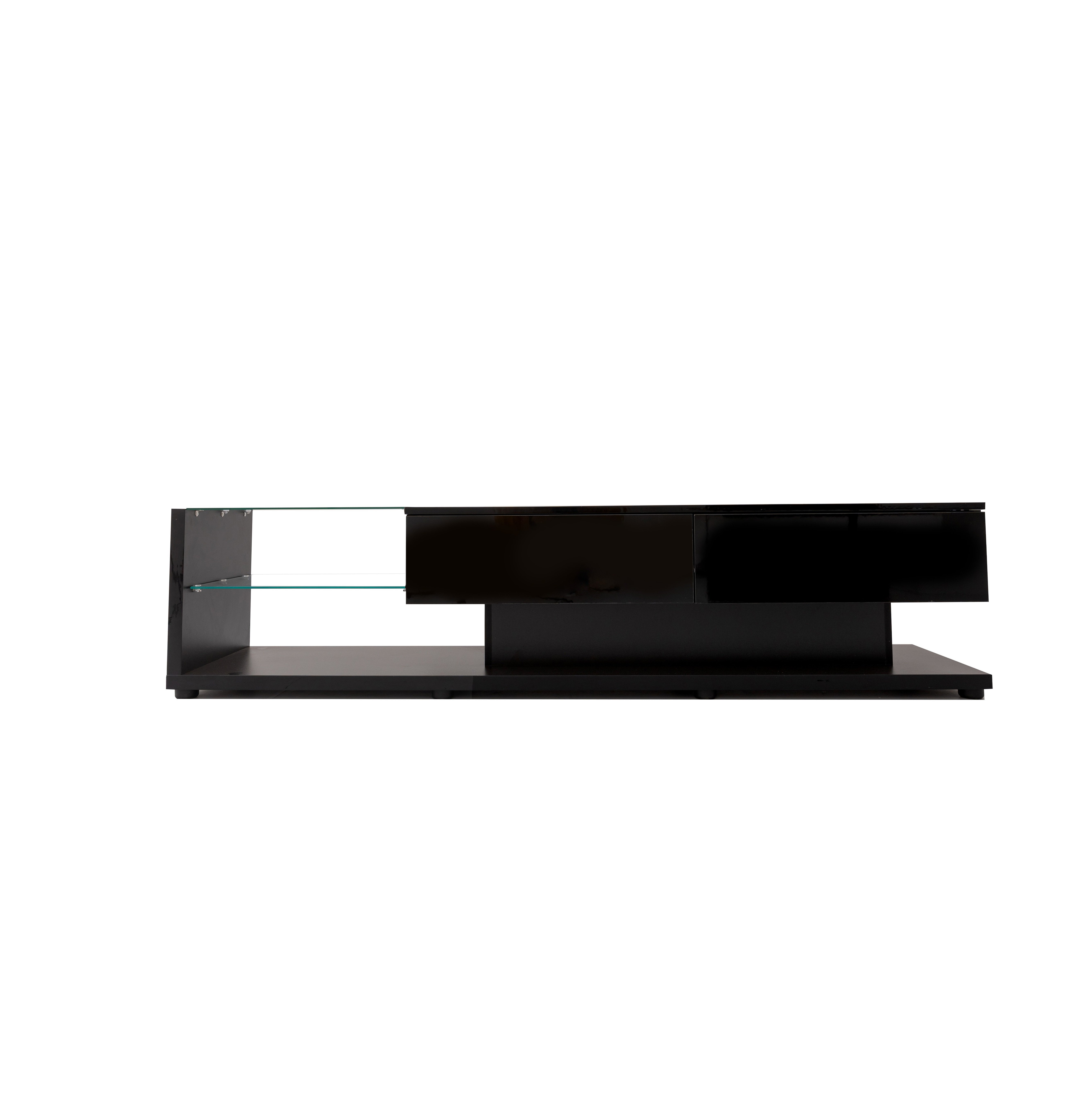 Hochglanz-TV-Schrank mit LED-Beleuchtung, Glasregalen und Schubladen, Schwarz