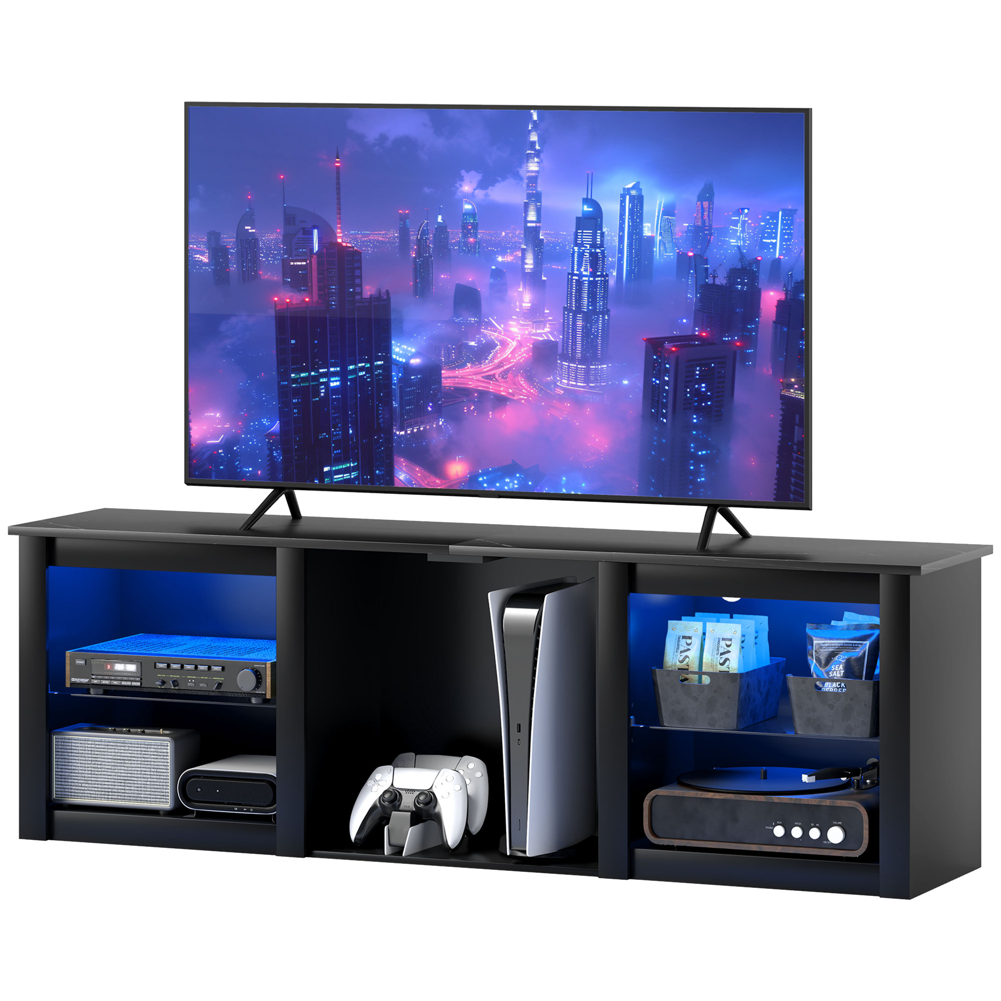 HOMCOM TV-Möbel mit LED-Beleuchtung für Fernseher bis zu 65 Zoll, 160cm mit verstellbaren Glastablaren, schwarz