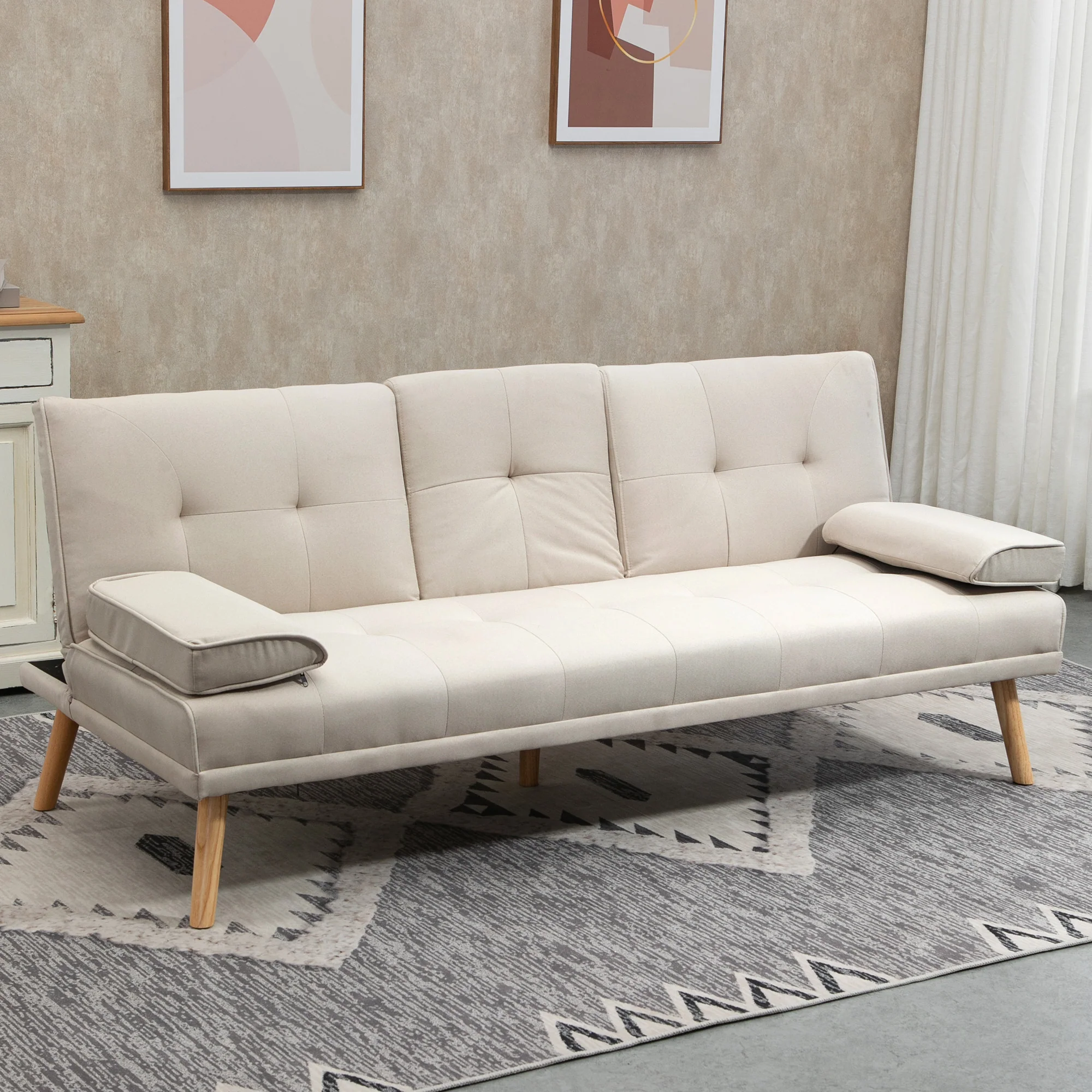 HOMCOM Slaapbank 3-zits, verstelbare rugleuning met inklaptafel, twee armkussens, linnenlook, beige, 181 x 77 x 78 cm