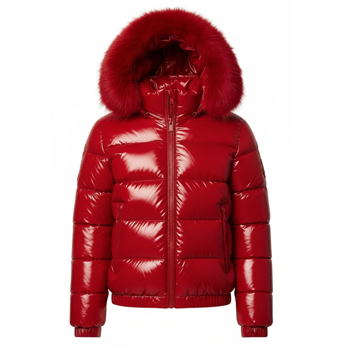 12 Pack Adult Shiny Bubble Jacket with Fur Hood in Red