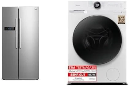 Midea Side-by-Side-Kühlschrank, 8 kg, Silber/Weiß, Set: Side-by-Side Kühl-/Gefrierkombination + Waschmaschine, NoFrost