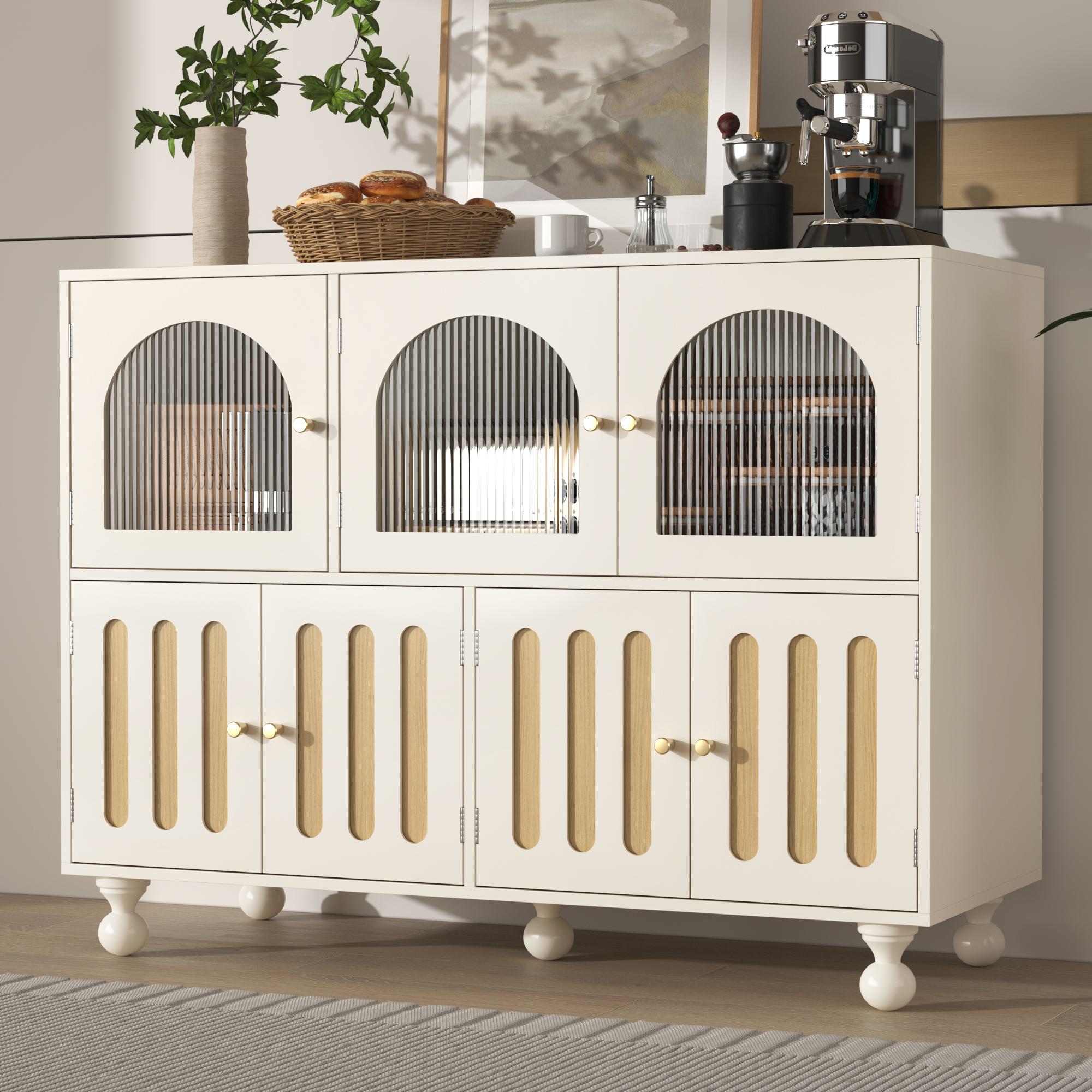 Modernes Sideboard mit Klaviertasten-Design, Runde Säulenbeine, 120×40×90 cm, Weiß