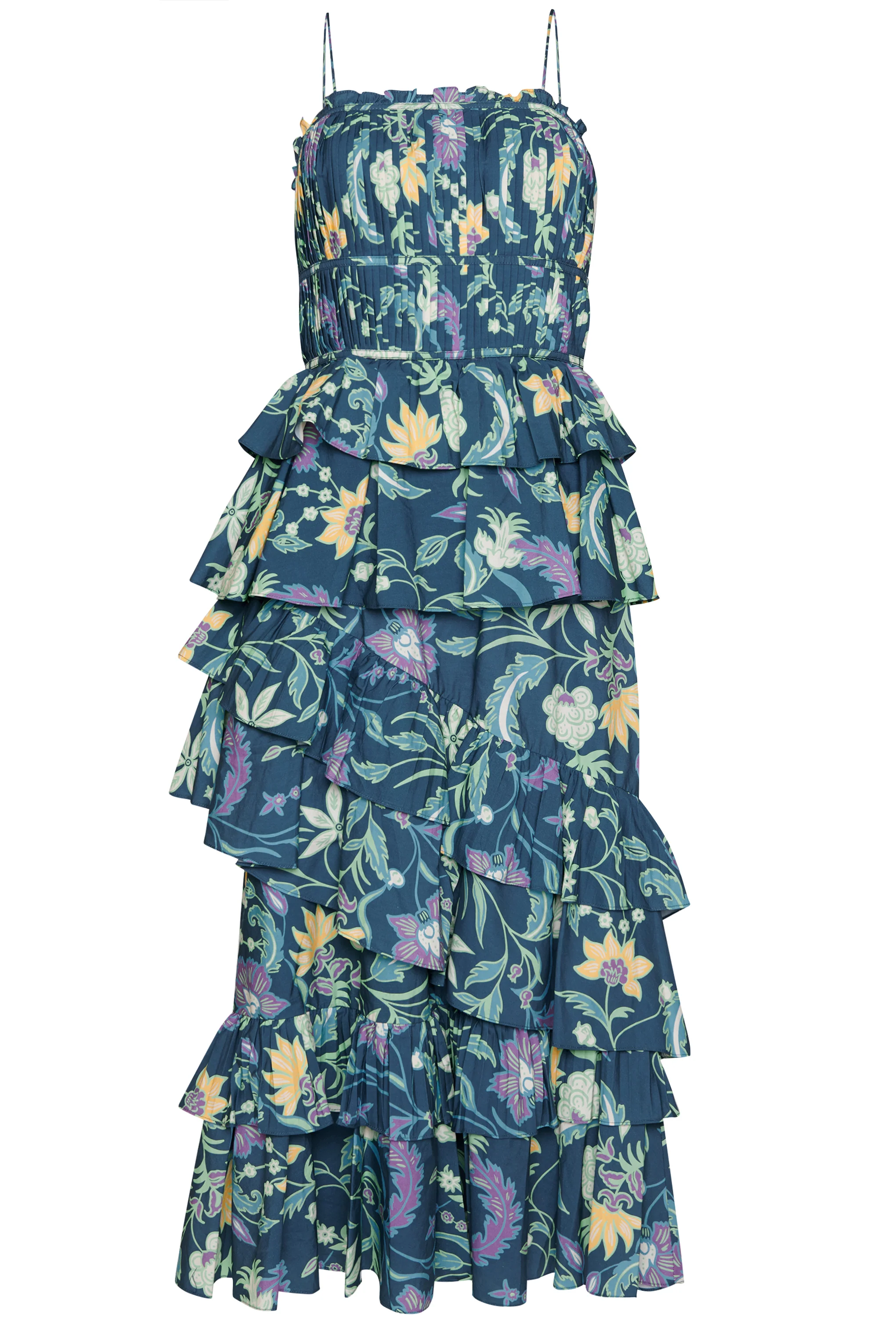 Petrol Blue Folk Floral Midi Dress