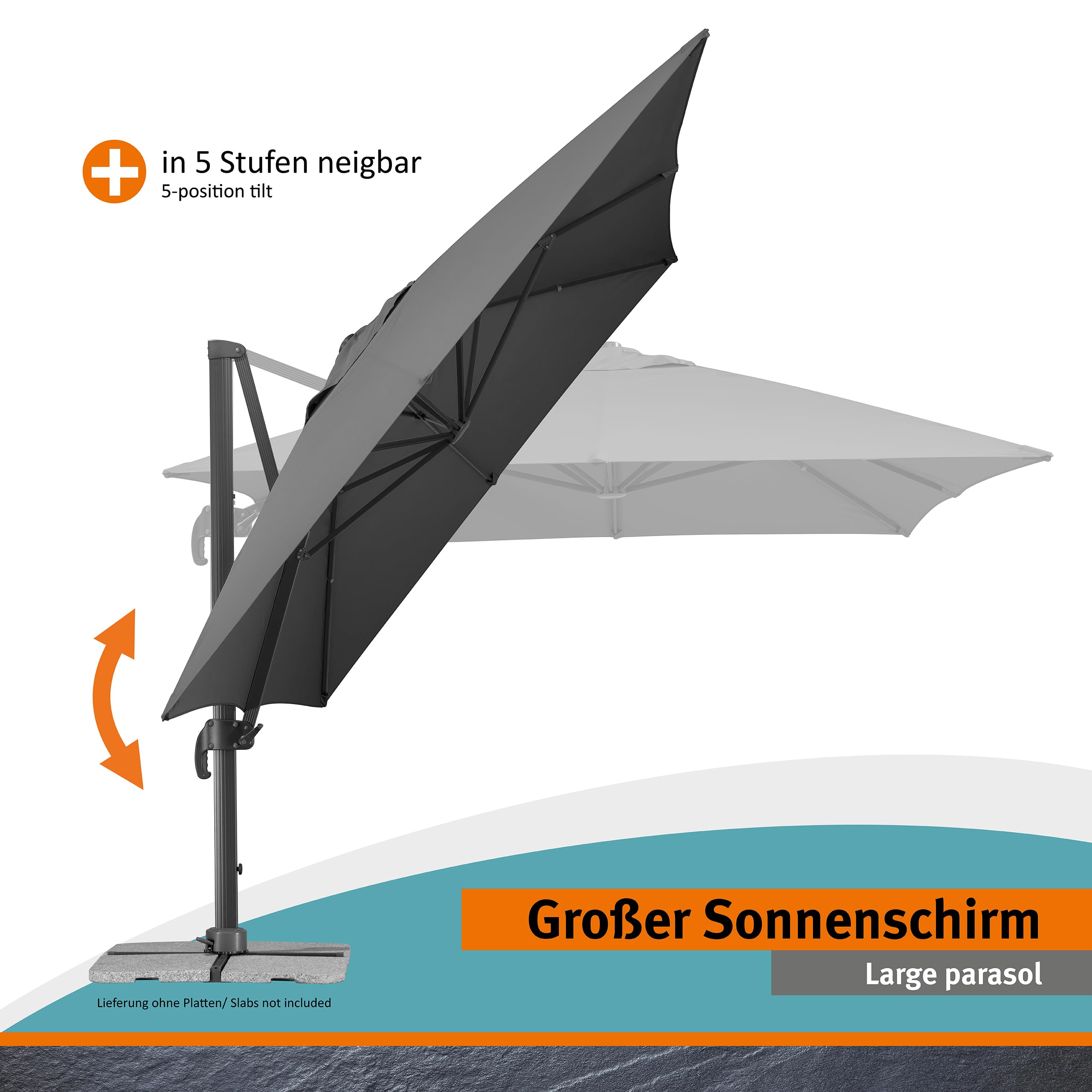 Sonnenschirm RHODOS GRANDE 400 x 300 cm anthrazit, rechteckig mit UV-Schutz 50+, Aluminium-Gestell und 360° Drehgelenk