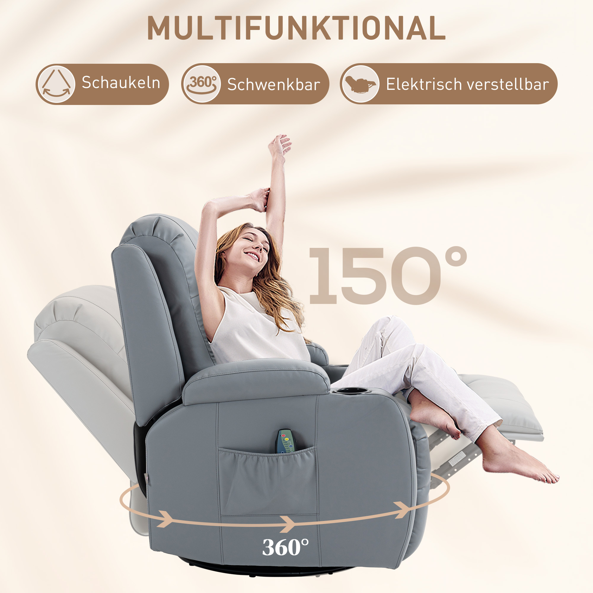Massagestoel met Wip-, Lig- & Verwarmingsfunctie, Timer, 5 Modi, Draaibaar, Lichtgrijs