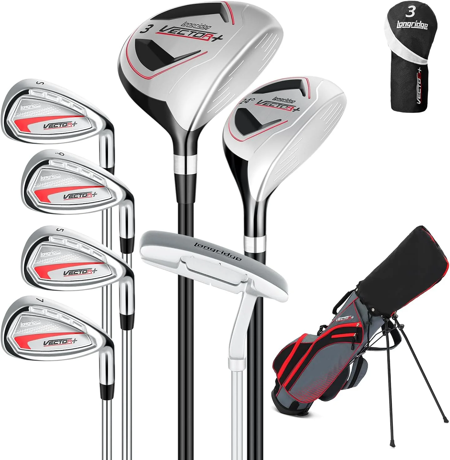 8 sets of complete men's golf clubs (left and right hand versions) suitable for men/women. Includes a stand bag and a bag with a rain cover.