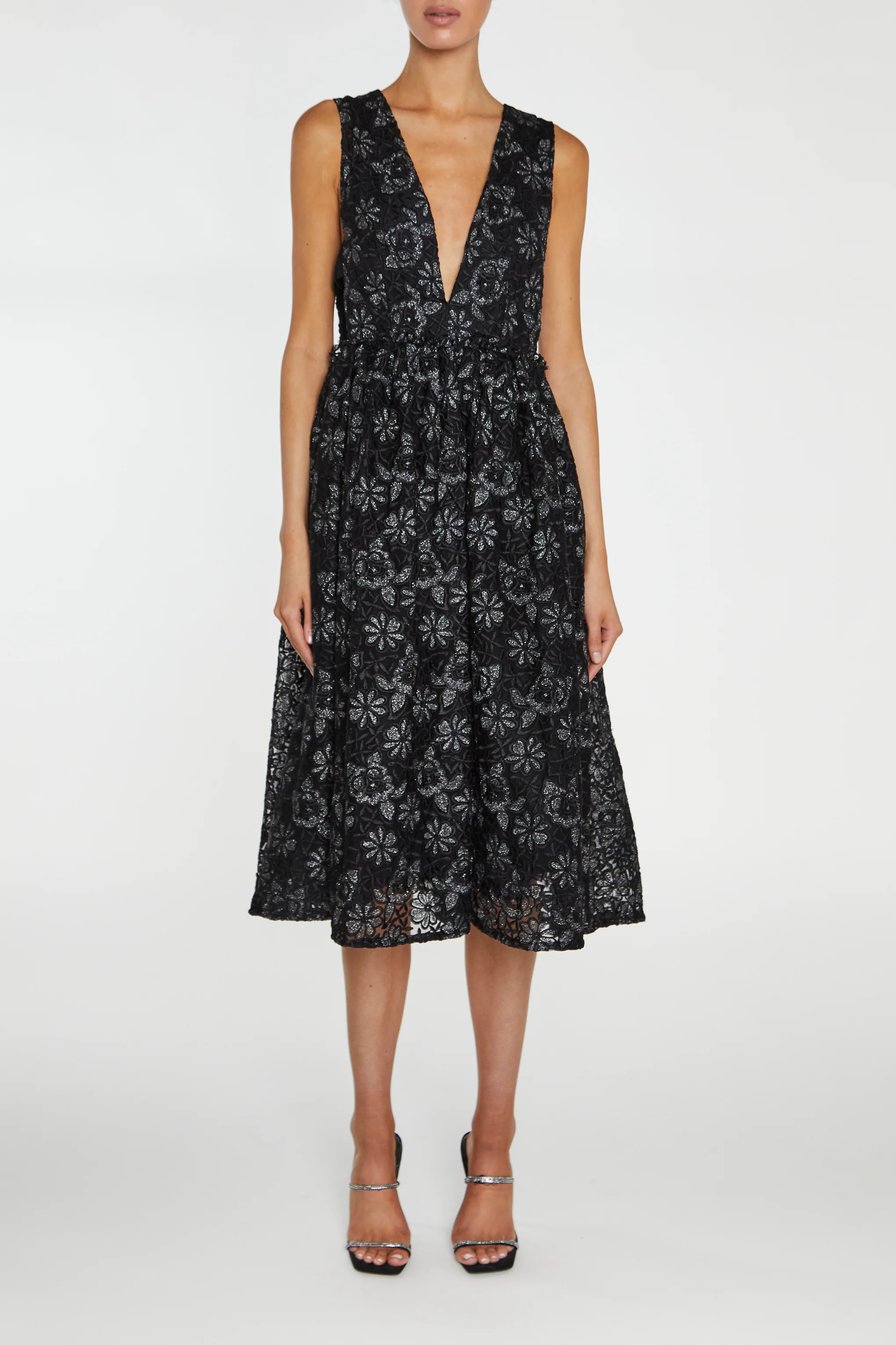 Sloane Black Plunging Neckline Skater Midi-Dress