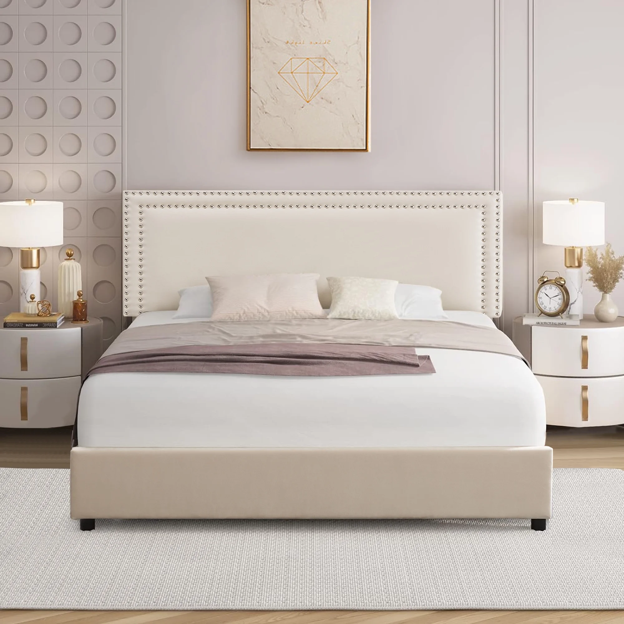 VECELO Full Bed Frame with 4 Storage Drawers (Wheeled) and Tufted Upholstered Adjustable Headboard Platform Bed, Beige