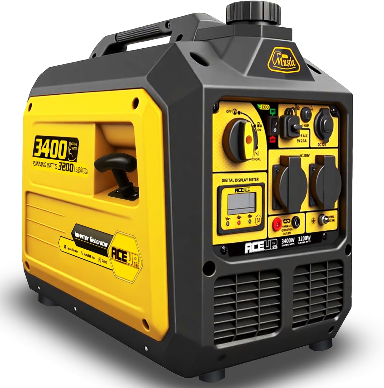 Aceup Energy 3400W Generatore Inverter Generatore di Corrente Benzina con Display Digitale Prese Multiuso Modalità Eco, per il Campeggio L'esterno, L'uso domestico Portatile e Silenzioso