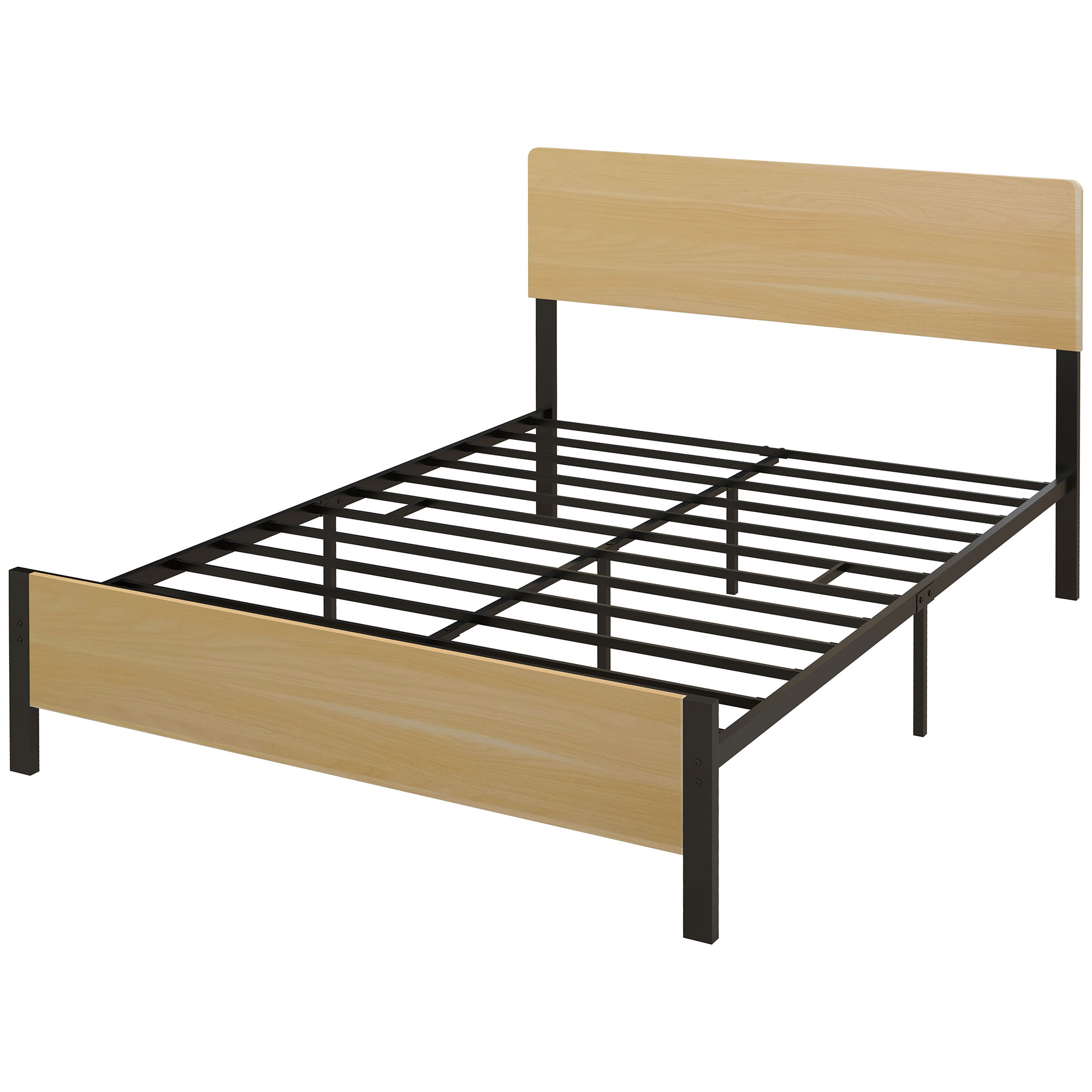 HOMCOM Doppelbettgestell aus Stahl mit Lattenrost und Kopfteil für Matratze 140 x 190 cm in dunkler Holzoptik