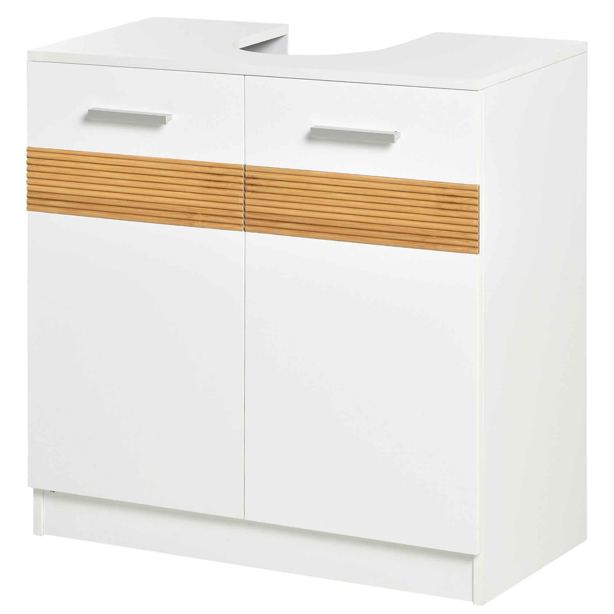 Kleankin Badezimmer Unterschrank - Waschtischunterschrank - gemütlicher schicker Stil mit 10 Bambusstreifen, 2-türigem Schrank mit Regal MDF Maße 60L x 30B x 60,5H cm weiß