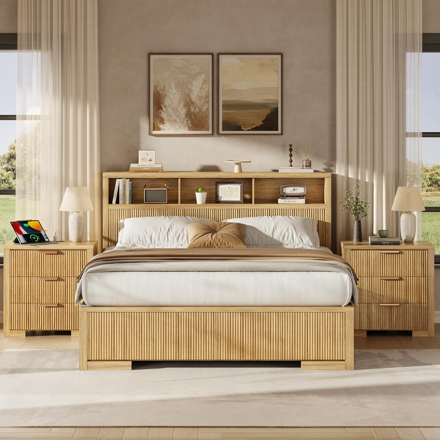 Fluted Nightstand Set of 2 with Charging Station, 23.6