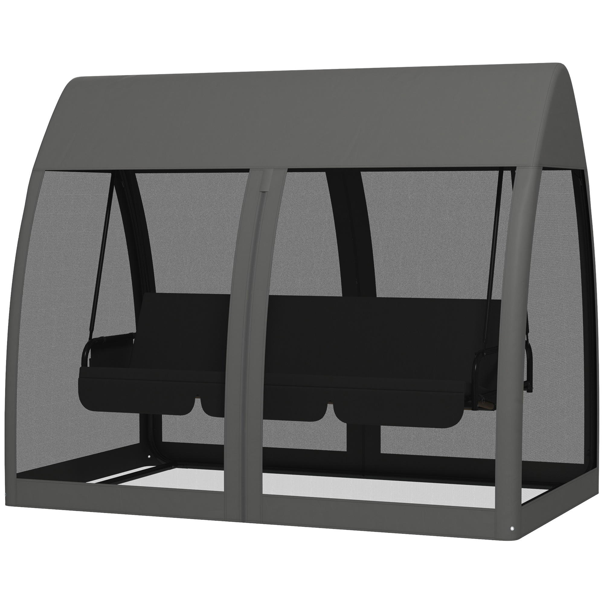 Outsunny 3-Sitzer-Terrassen-Schaukel, Veranda-Schaukel mit Bettfunktion, Hollywoodschaukel mit Mückennetz und Stahlrahmen, Grau