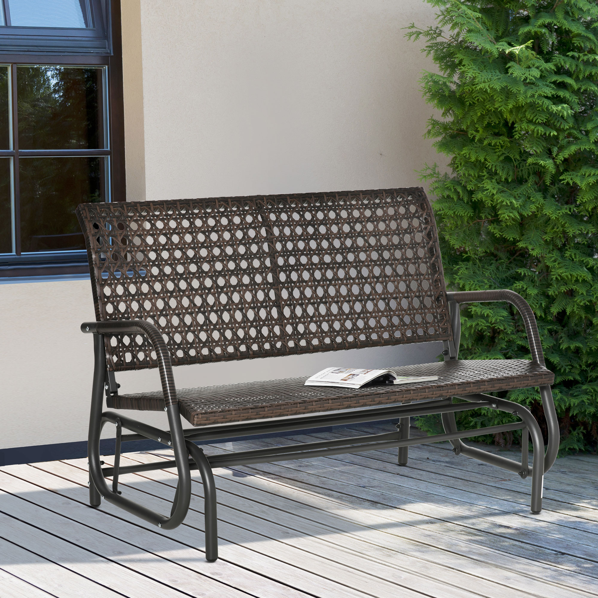 Outsunny Polyrattan Schaukelstuhl 2-Sitzer Gartenbank mit Rückenlehne Schaukelbank für 2 Personen Gartenschaukel Outdoor Bank Sitzbank für Garten Terrasse Park 70 x 120 x 84 cm Braun