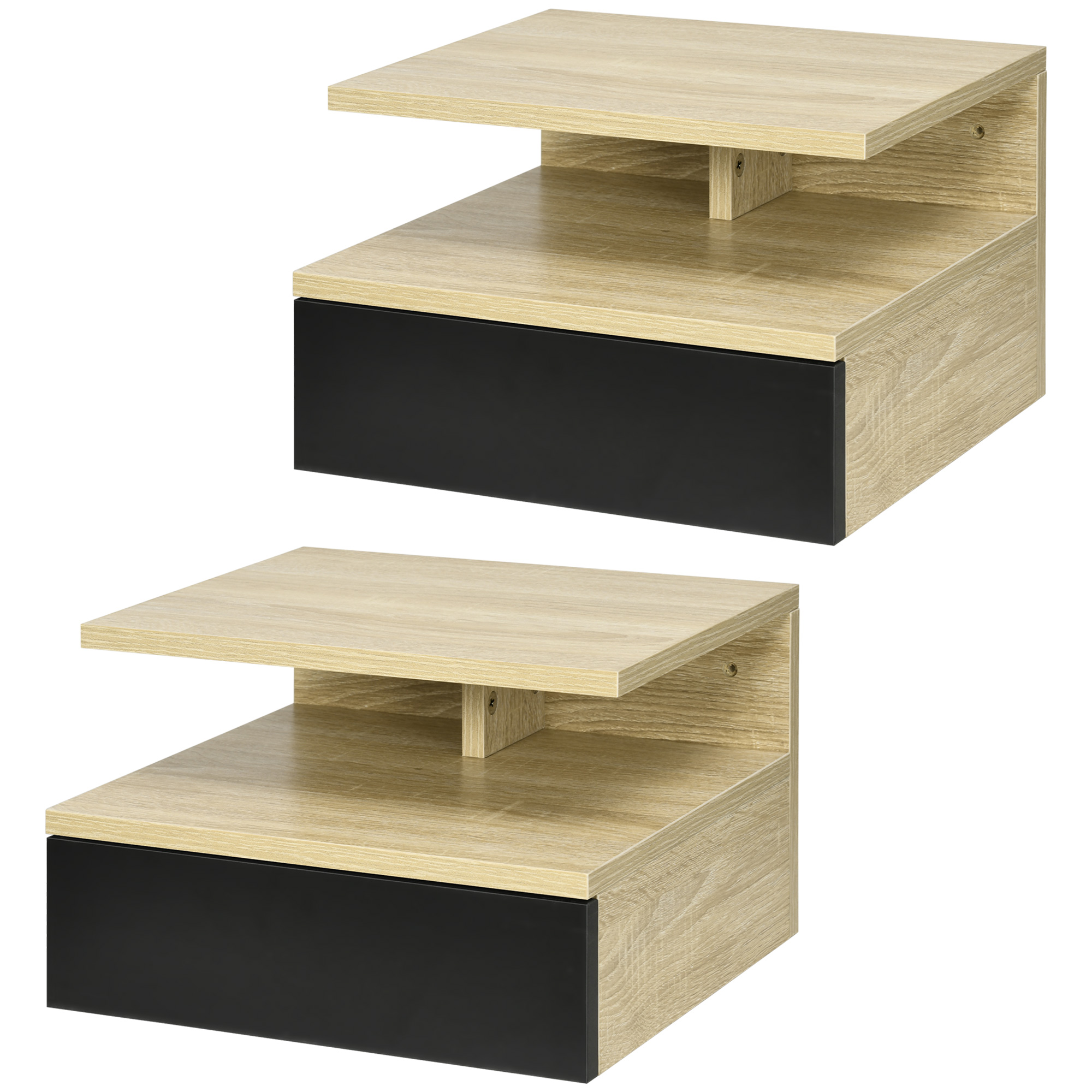 HOMCOM Set mit 2 Wand-Nachttischen - Set mit 2 Nachttischen - Schublade, Fach, Ablage - Schwarz Eiche