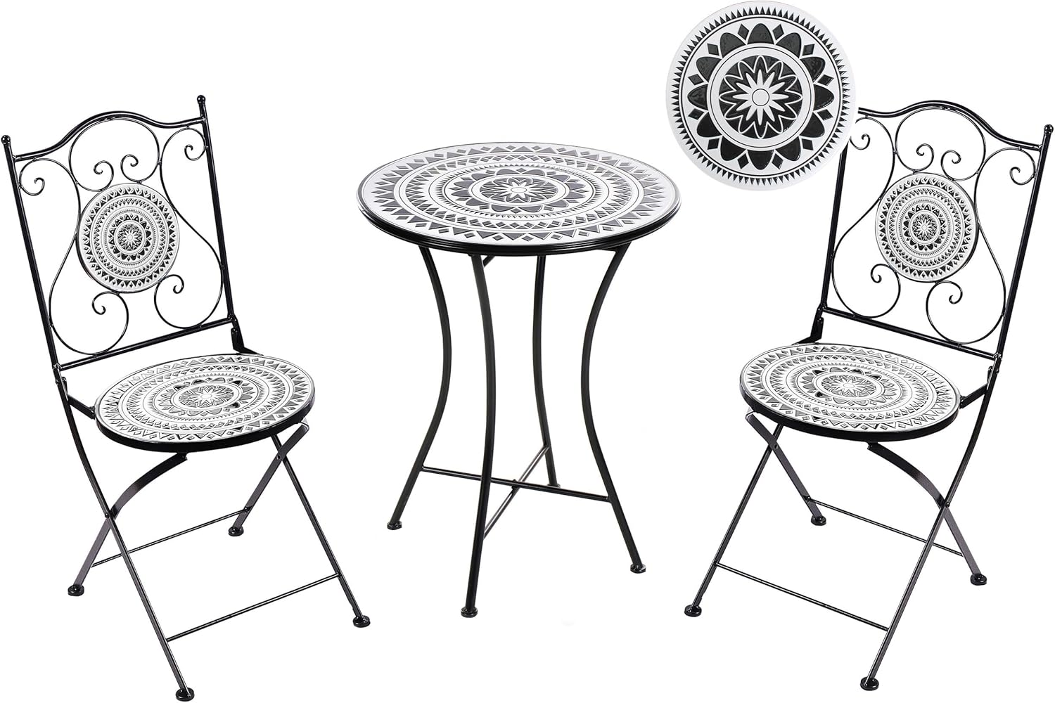 Beliani Balkonset 3-teilig Eisen schwarz/weiß Mosaik Tisch mit 2 Stühlen klappbar Comiso