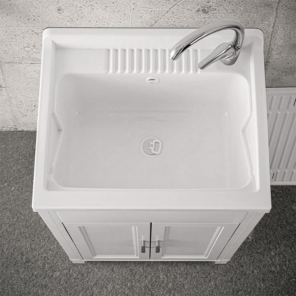 Mobile lavatoio lavanderia 60x50, ideale per esterno e interno, resina PVC bianco in kit di montaggio, INCLUDE asse e kit di scarico (60x50)