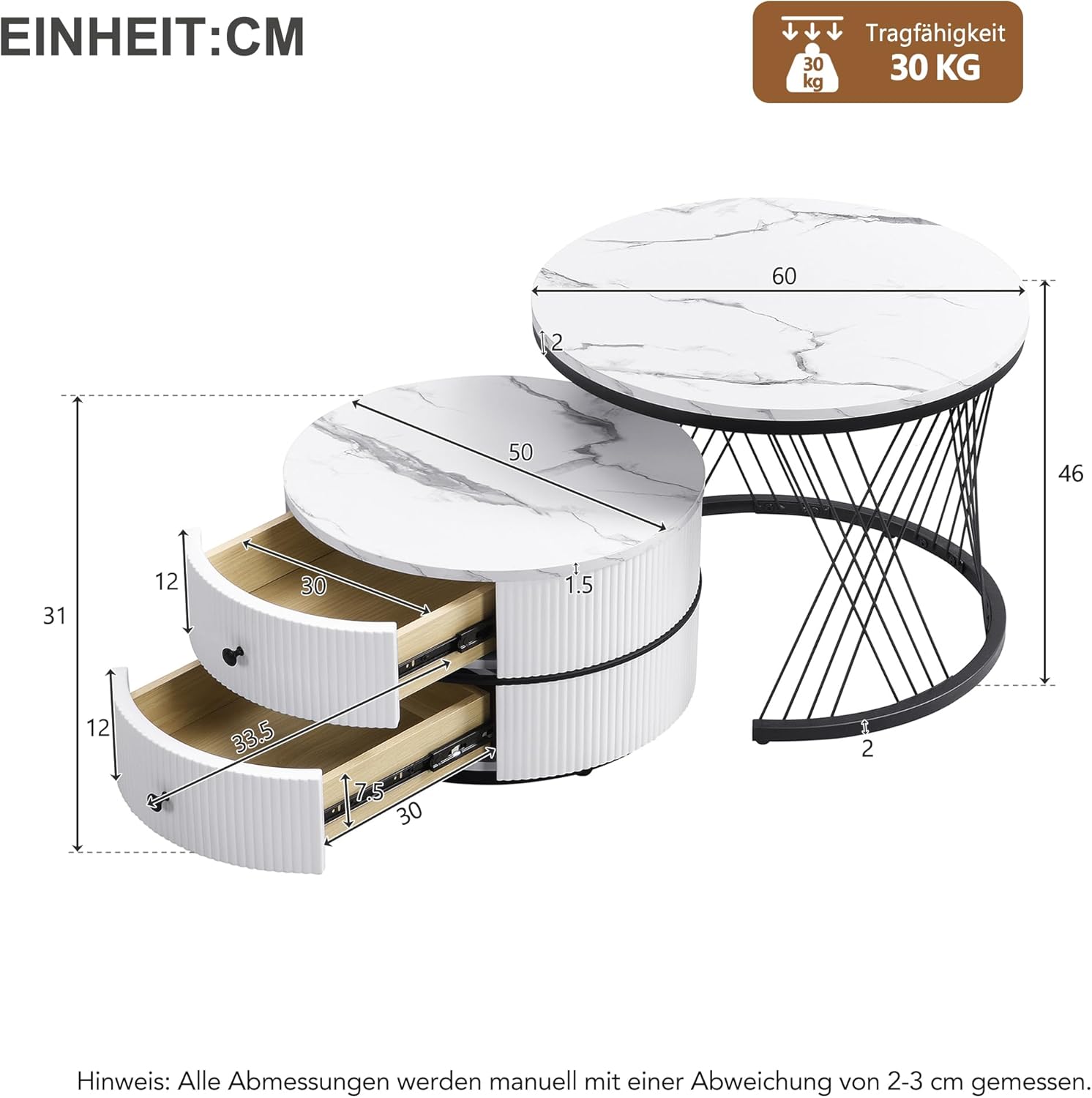 Elegante set di 2 tavolini a forma di nido, 60 x 60 x 46 cm e 50 x 50 x 31 cm, tavoli rotondi con effetto marmo lucido, 2 cassetti (bianco nero)