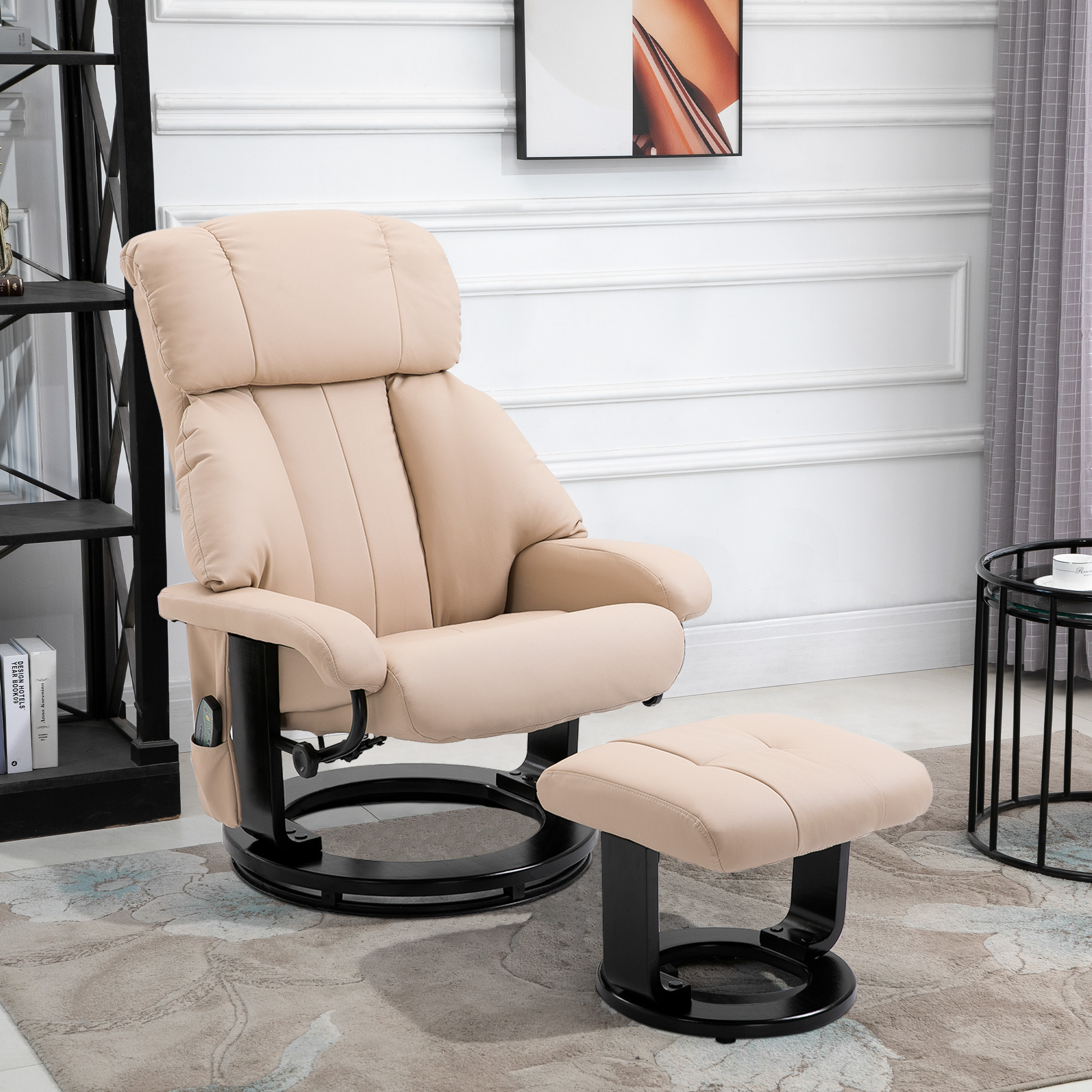 HOMCOM Relaxsessel mit Hocker, drehbarer Fernsehsessel mit Massagefunktion, Liegefunktion, Massagesessel mit Fernbedienung, Seitentasche, Ruhesessel aus Kunstleder für Wohnzimmer Cremeweiß